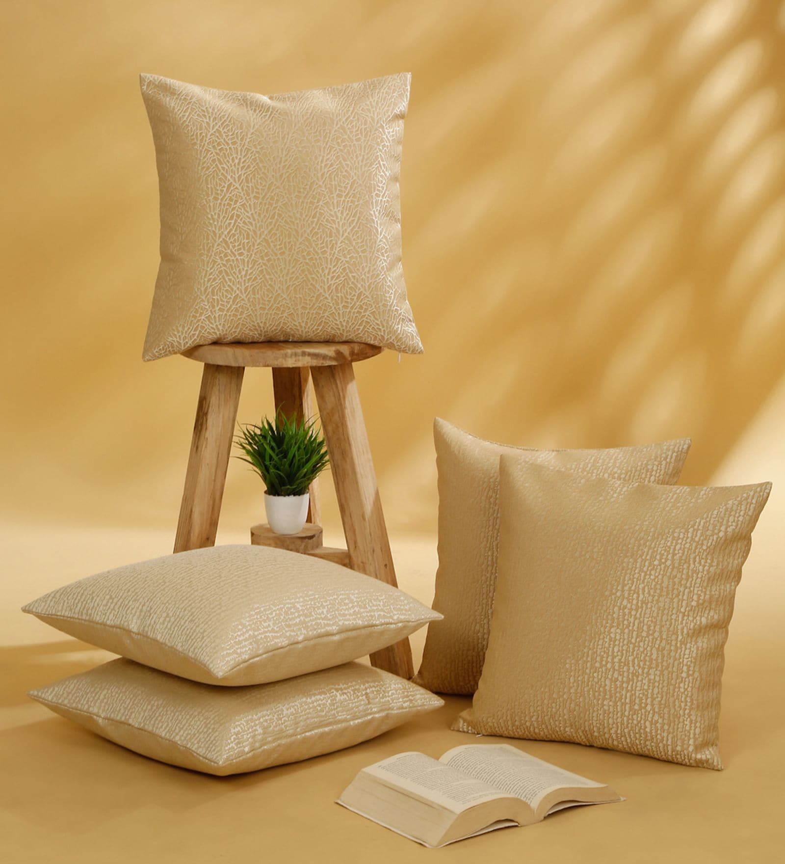 Beige Polyester Jacquard 16x16 inches Cushion Cover Set of 5