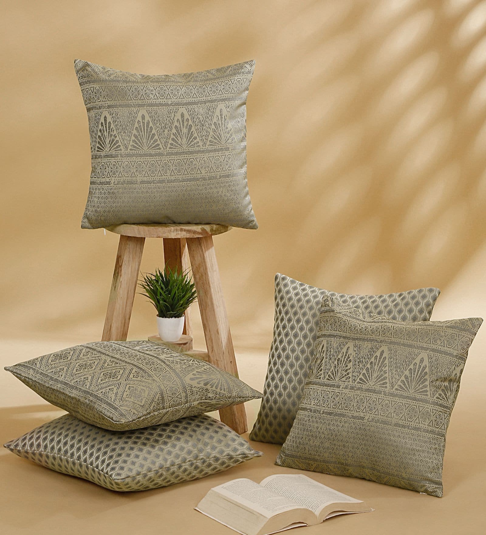 Beige Polyester Jacquard 16x16 inches Cushion Cover Set of 5
