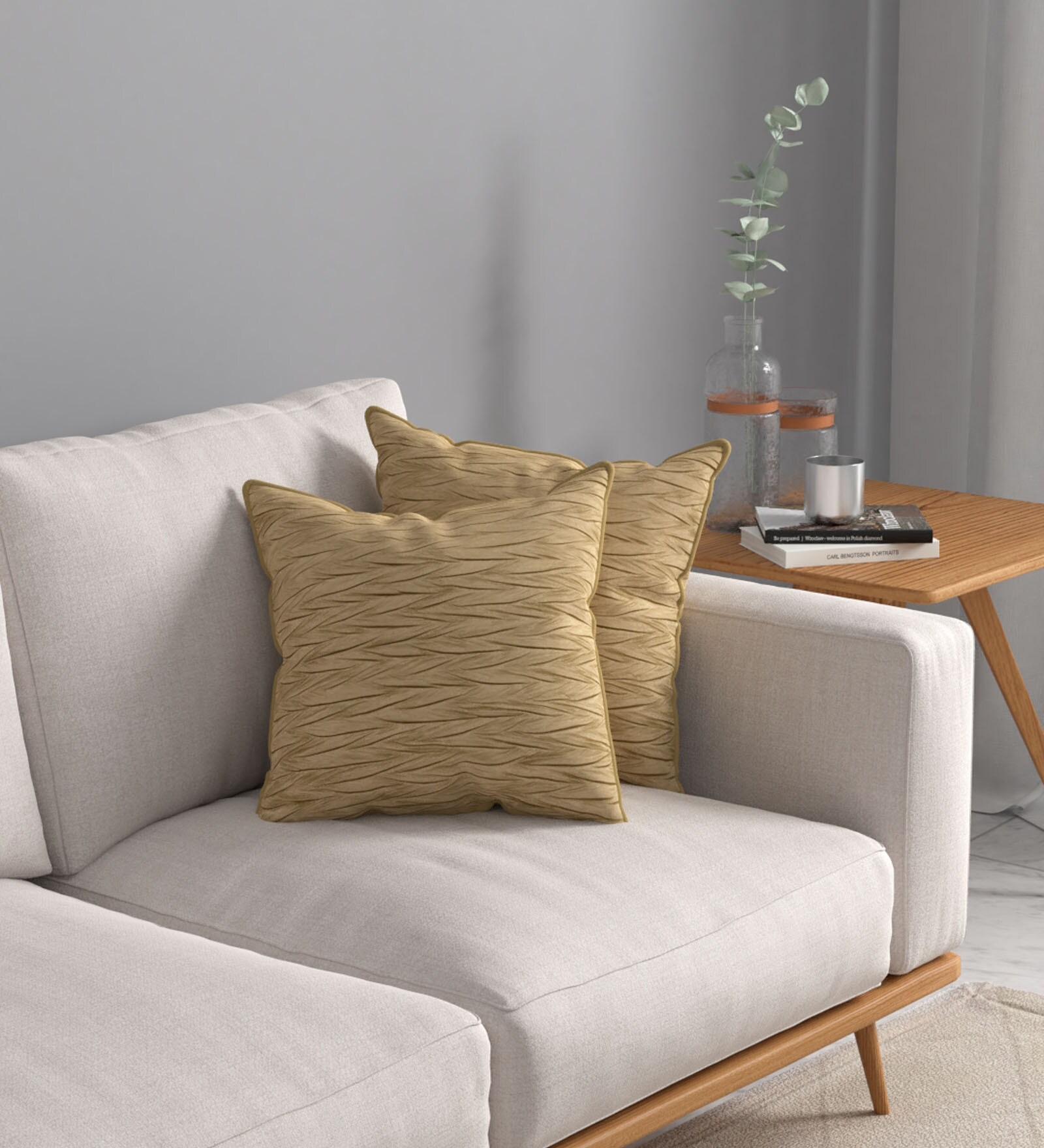 Beige Textured Polyester 16 x 16 Inches Cushion Covers (Set of 2)