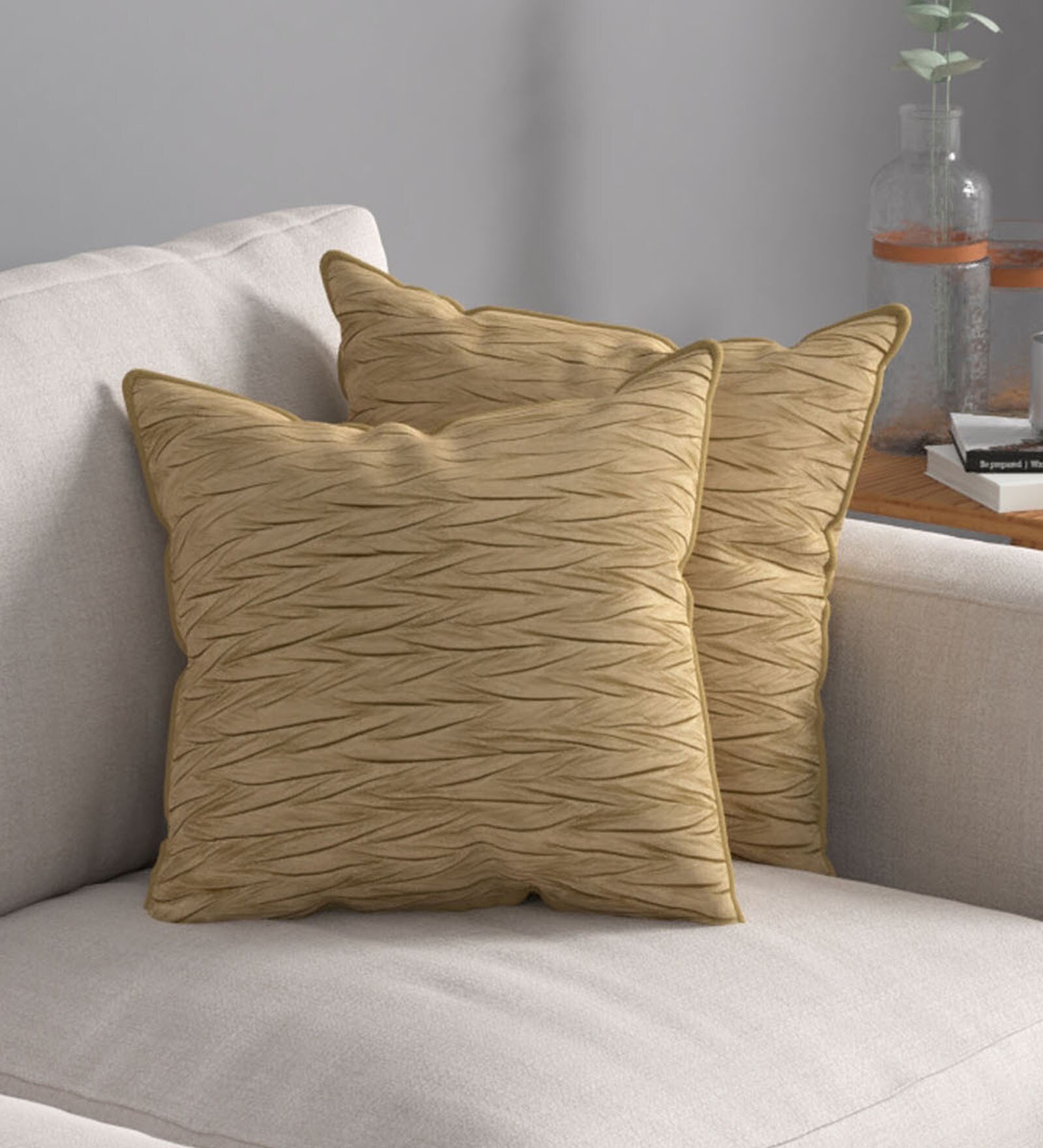 Beige Textured Polyester 32 x 32 Inches Cushion Covers (Set of 2)