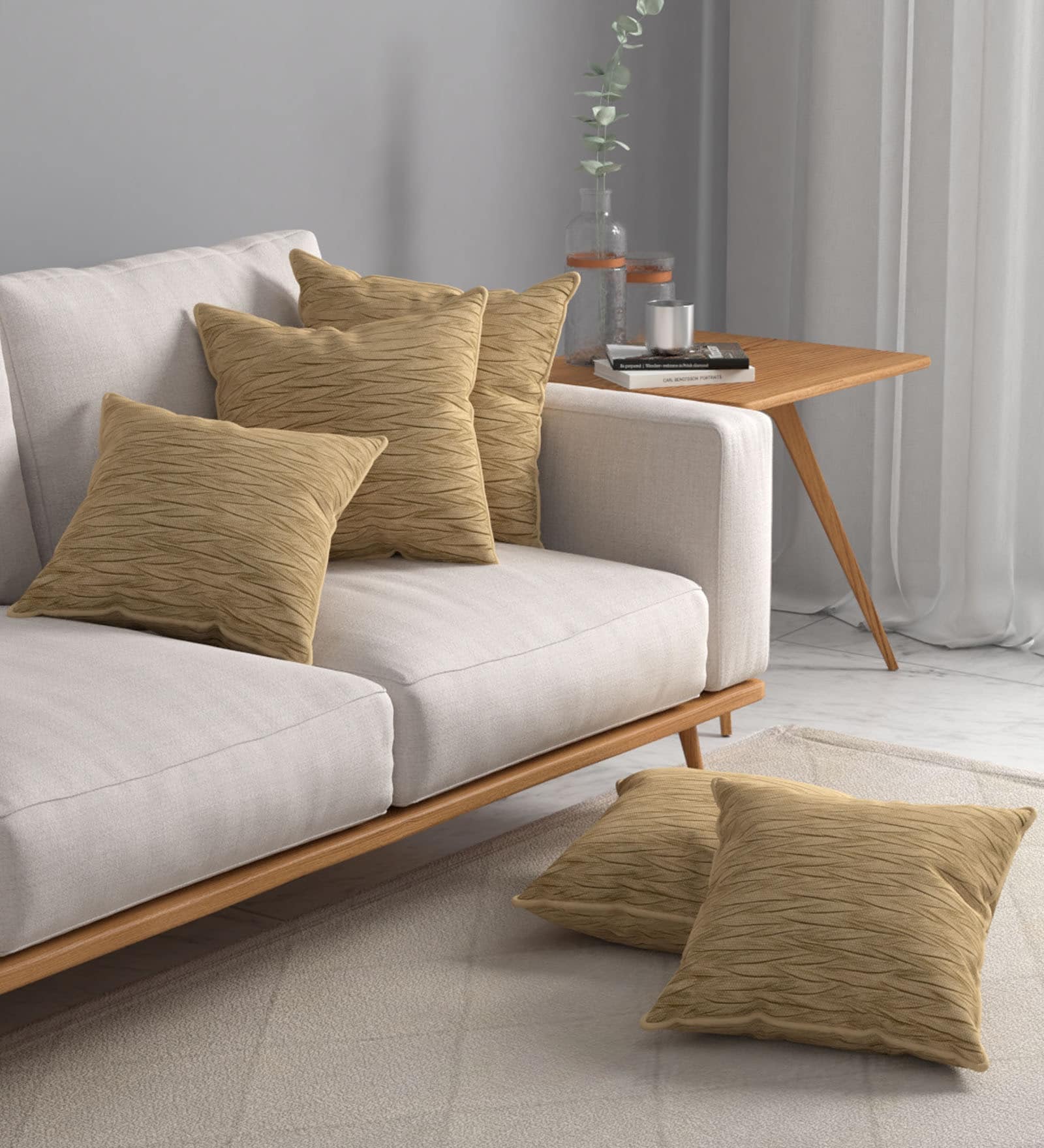 Beige Textured Polyester 32 x 32 Inches Cushion Covers (Set of 5)