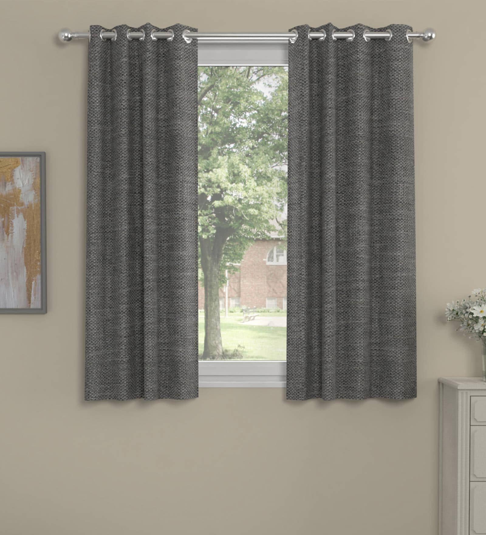 Grey Polyester Solid 5 Ft  Blackout Eyelet 2 Window Curtains