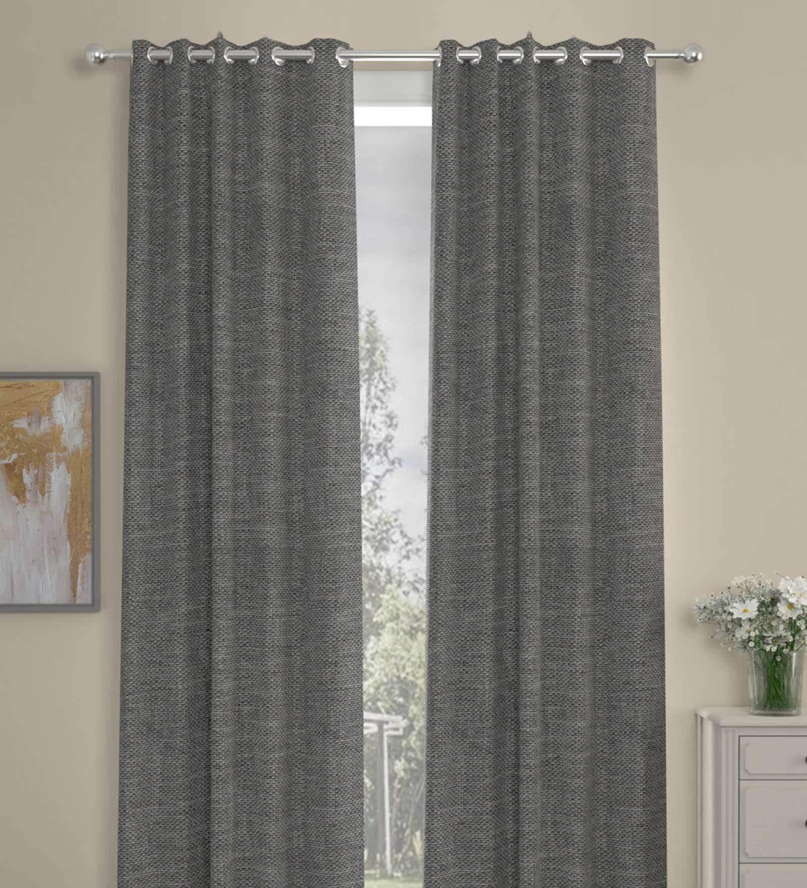 Grey Solid Polyester 7 Ft Blackout Eyelet Door Curtains (Set of 2)