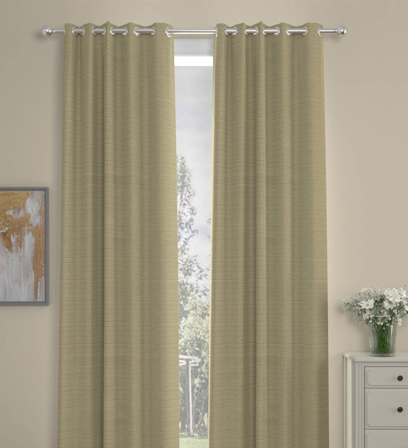 Beige Solid Polyester 7 Ft Semisheer Eyelet Door Curtains (Set of 2)