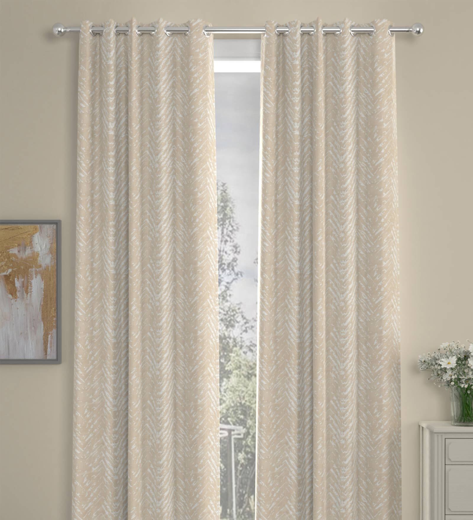Beige Geometric Polyester 7 Ft Semisheer Eyelet Door Curtains (Set of 2)