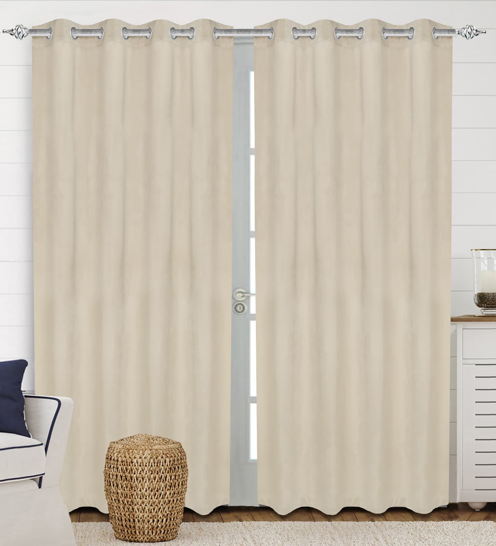 Beige Polyester Solid 7 ft Light Filtering Eyelet (Set of 2) Door Curtains