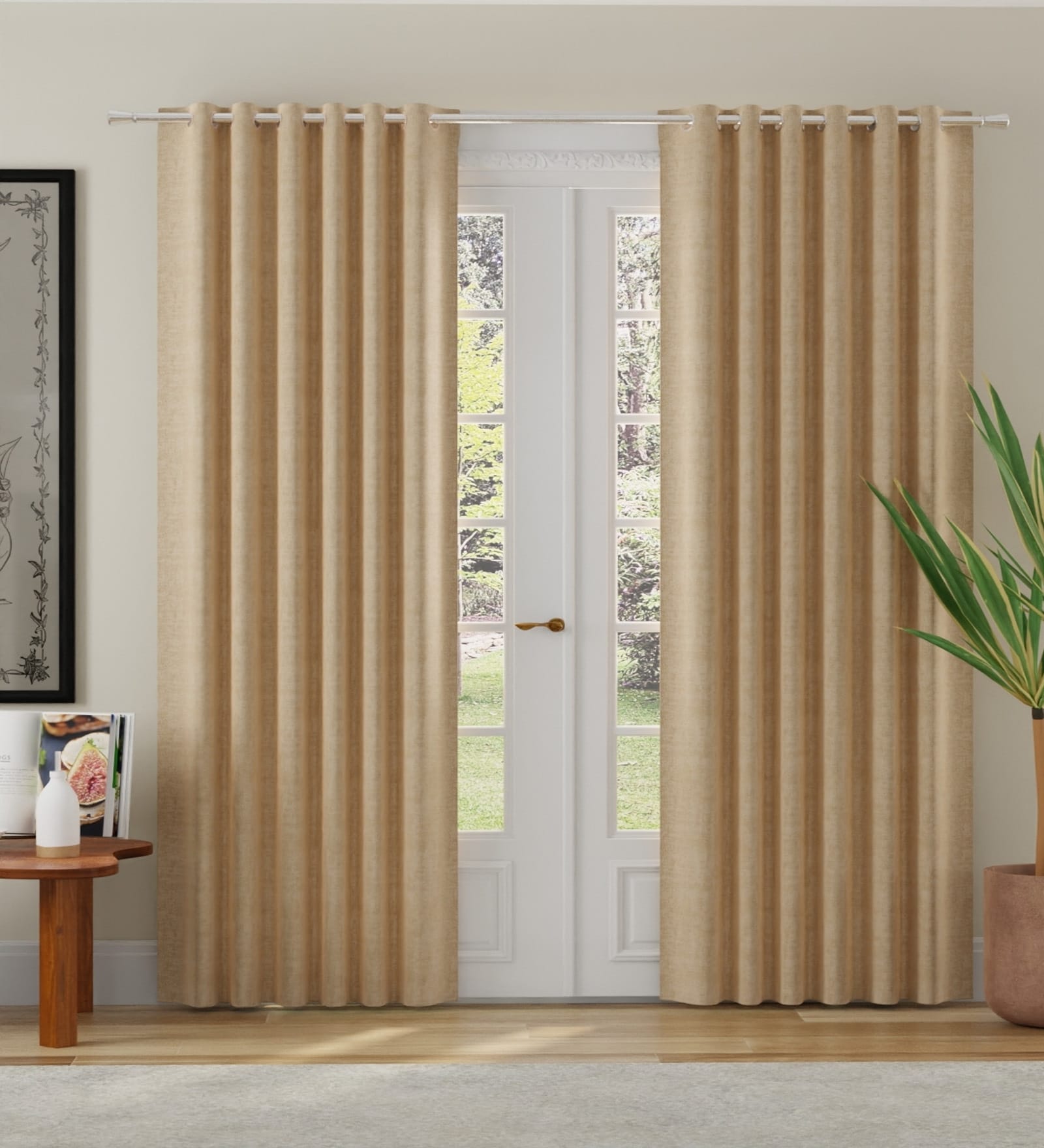 Beige Polyester Solid Jacquard 7ft Room Darkening Eyelet Door Curtains (2 Pc)