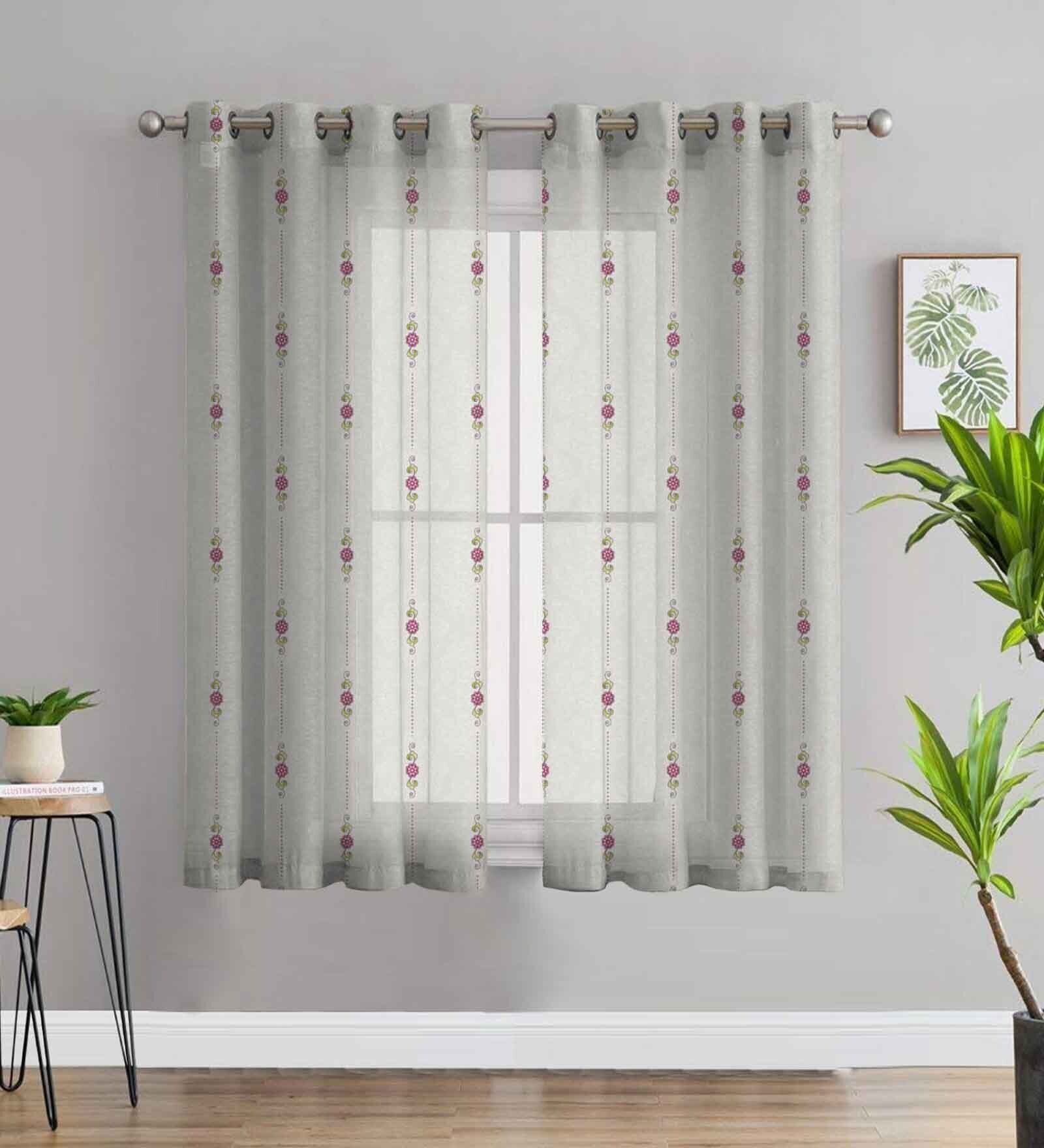 Beige Polyester Tradiional 5Ft Sheer Eyelet Window Curtains (Pack of 2)