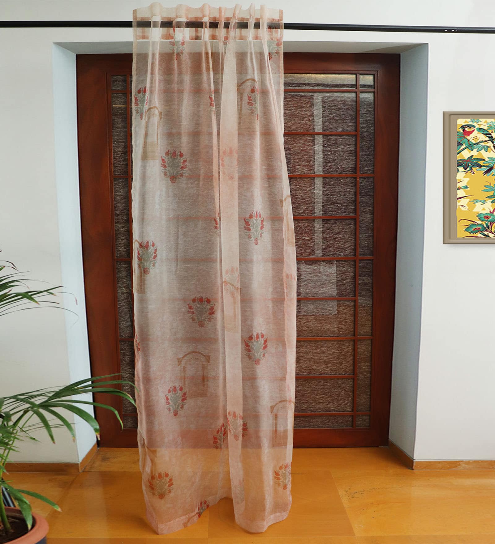 Beige Polyester Tradiional 7ft Sheer Fabric Loops Door Curtain