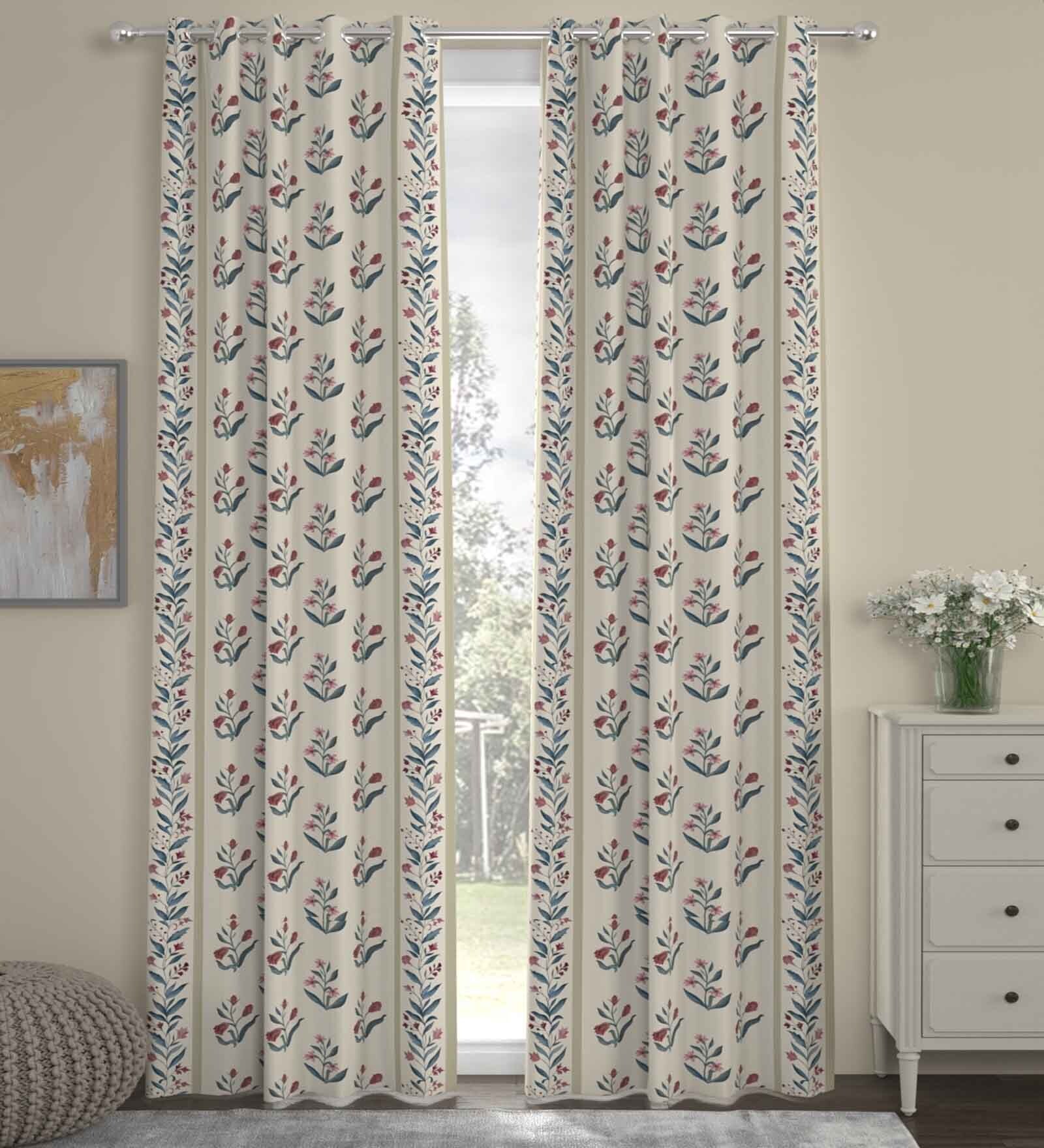 Beige Polyester Floral 7ft Semisheer Eyelet (2 Pc) Door Curtains