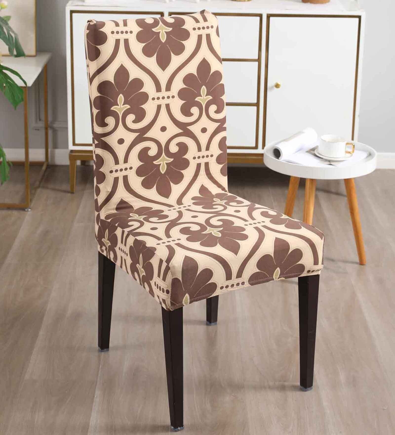 Beige Polyester Traditional Stretchable Chair Cover (1Pc)