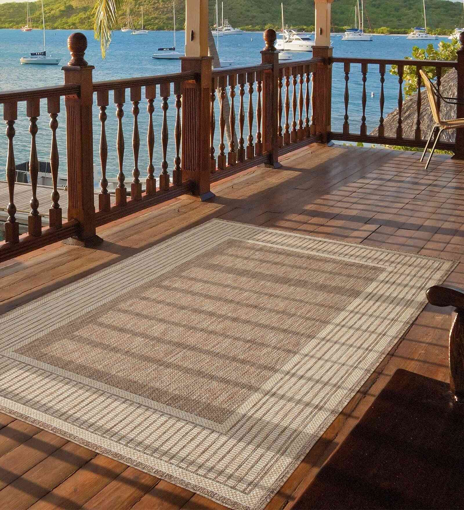 Beige Striped Polypropylene 5 ft x 7 ft Machine Made Carpet