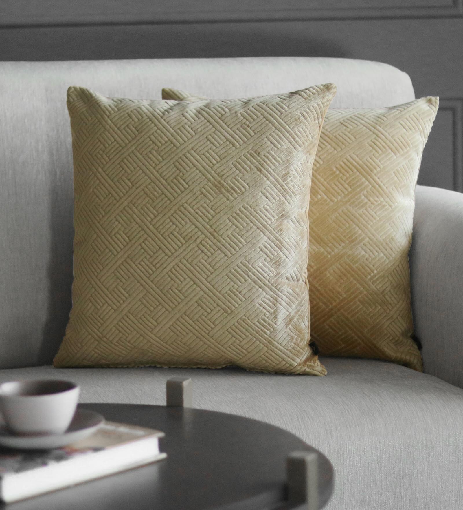 Buy Beige Geometric Poly Viscose 16 x 16 Inch Cushion Covers (Set of 2