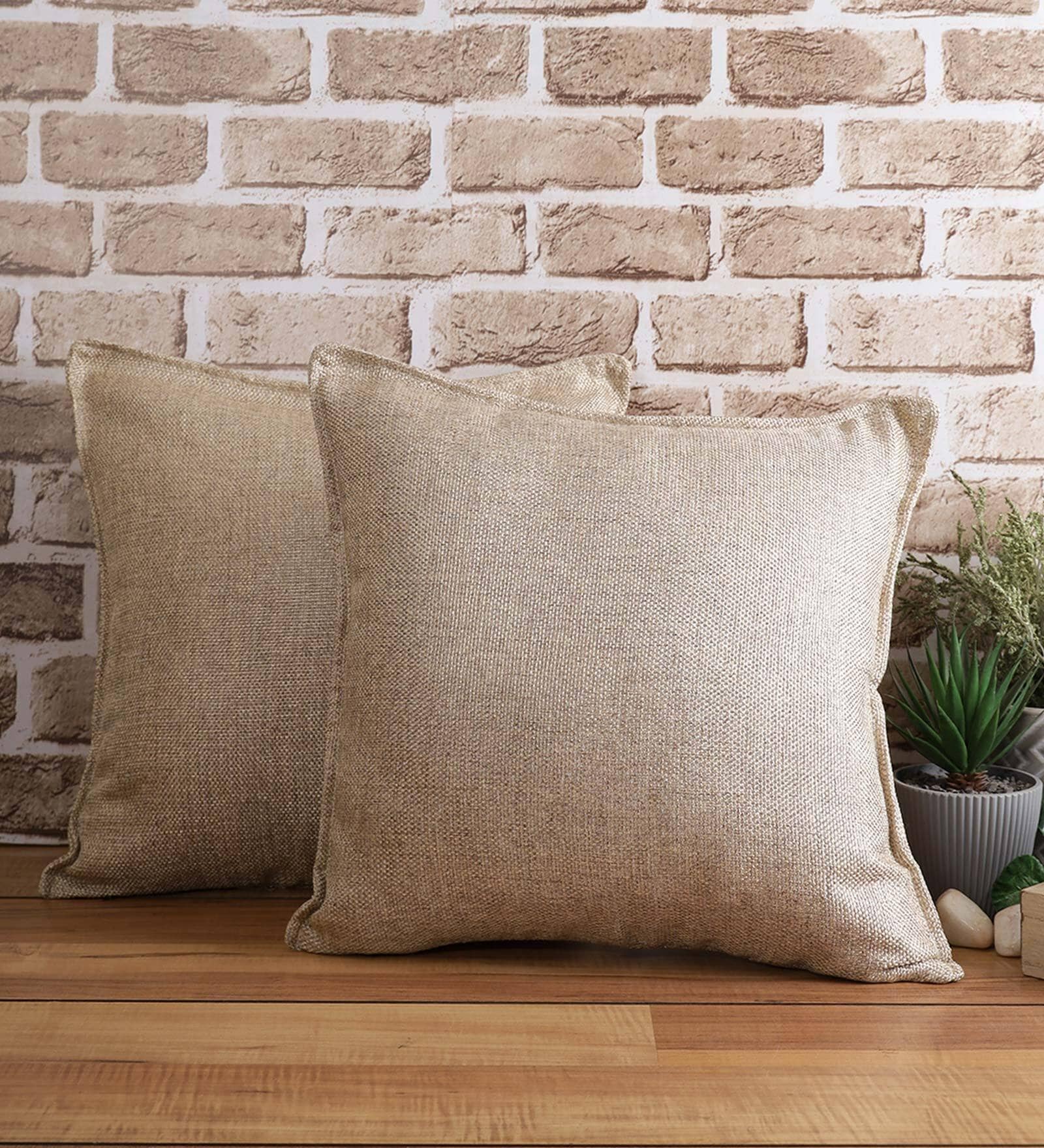 Beige Solid Jute 18 x 18 Inches Cushion Covers (Set of 2)