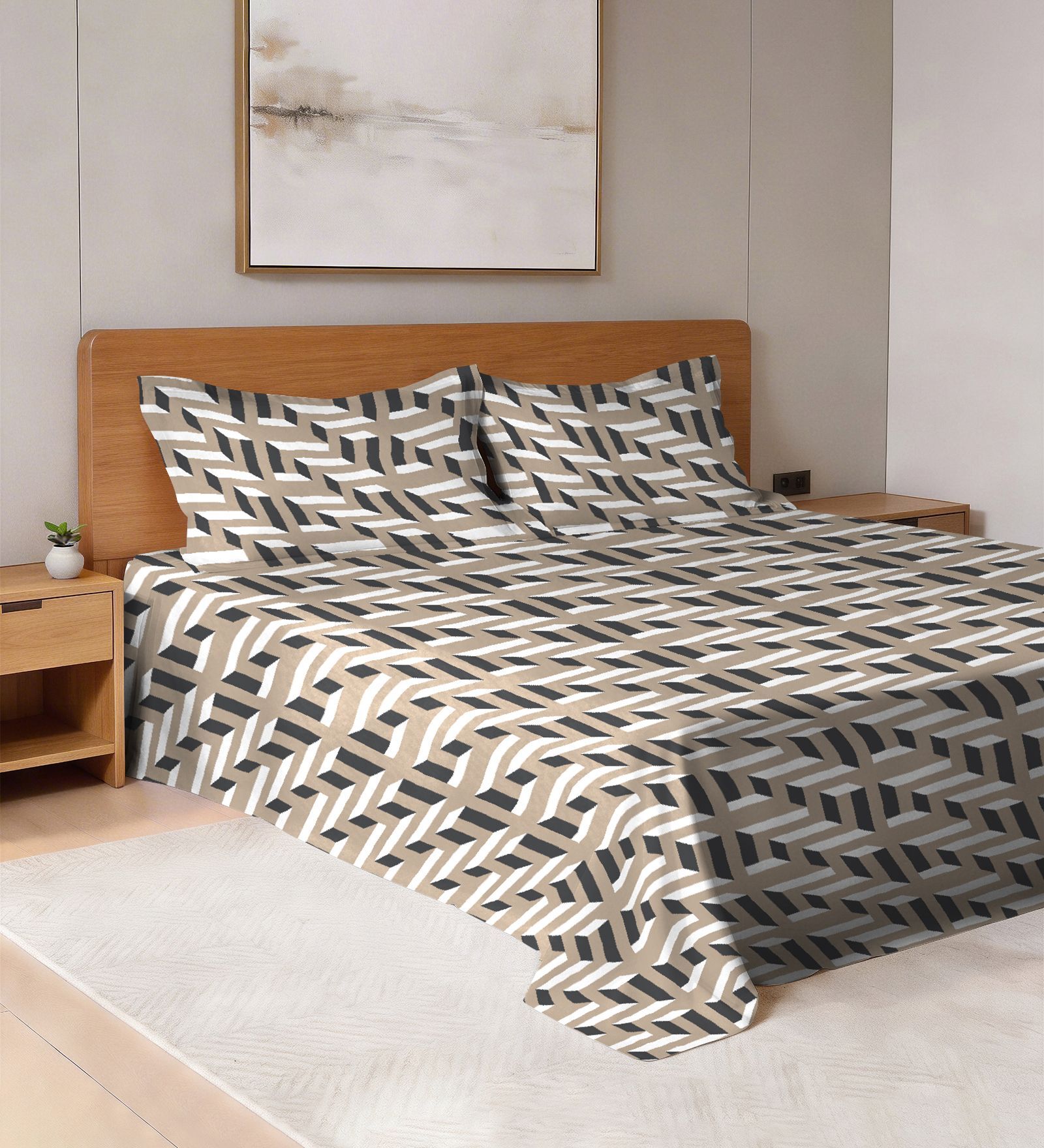 Beige Print Printed 400 TC Cotton Super King Sized Bedsheet with 2 Pillow Covers