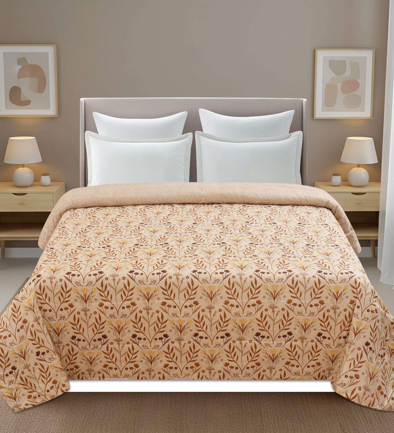Beige Printed Microfiber Reversible 180 GSM Double Bed AC Comforter