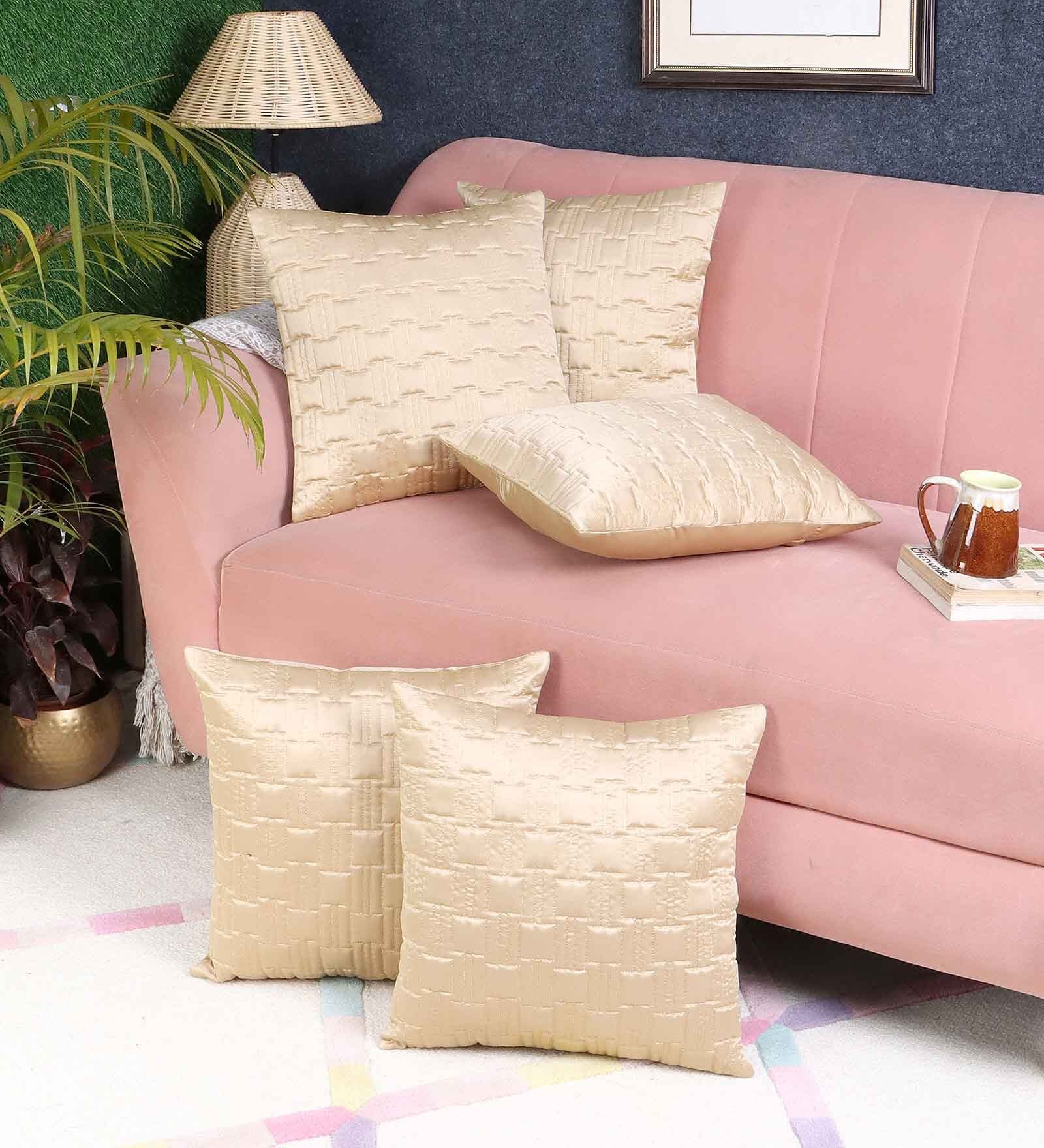 Beige Satin Geometric 16x16 inches (Set of 5) Cushion Covers