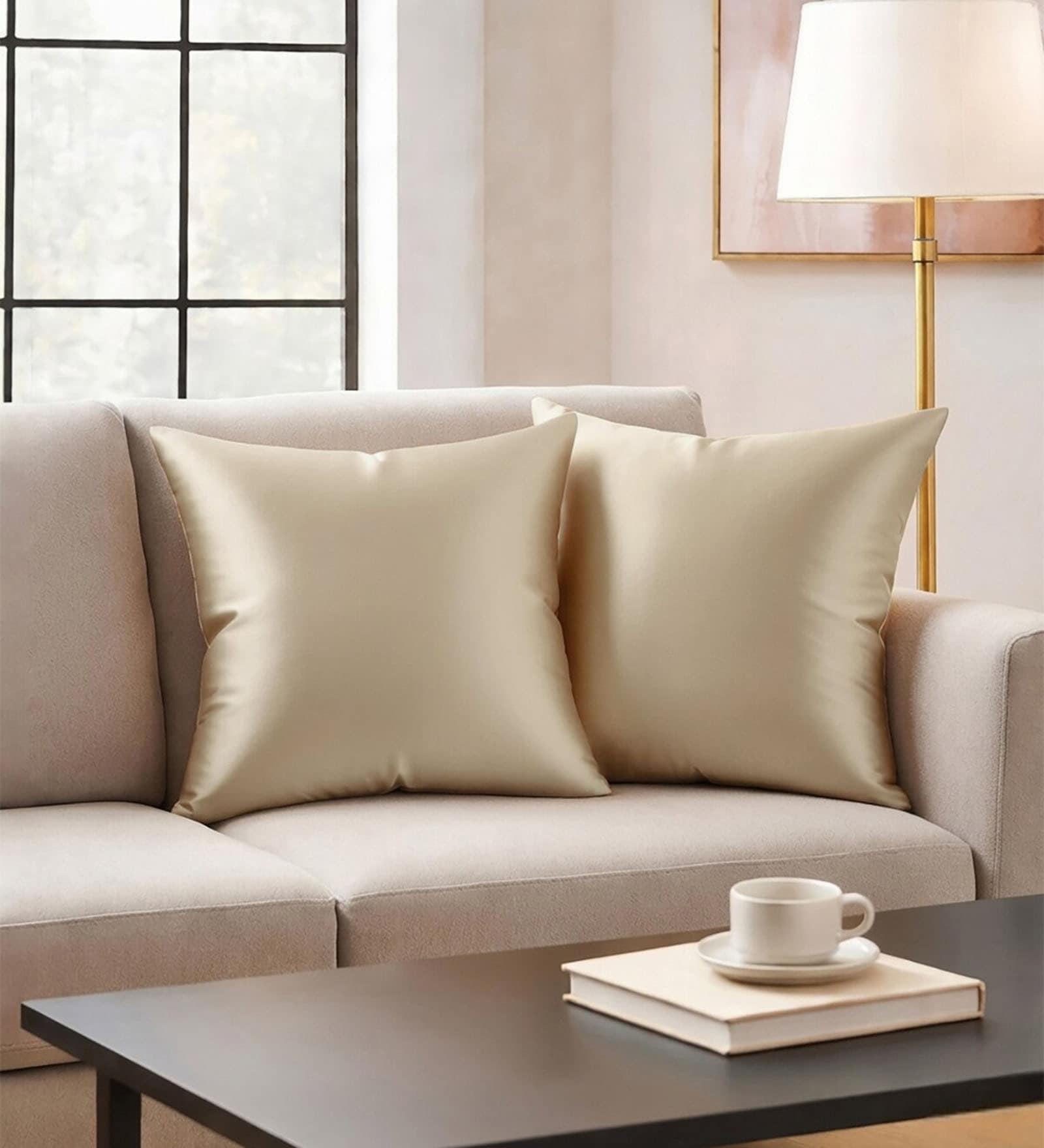 Beige Satin Solid 40x40 inches Cushion Covers Set of 2