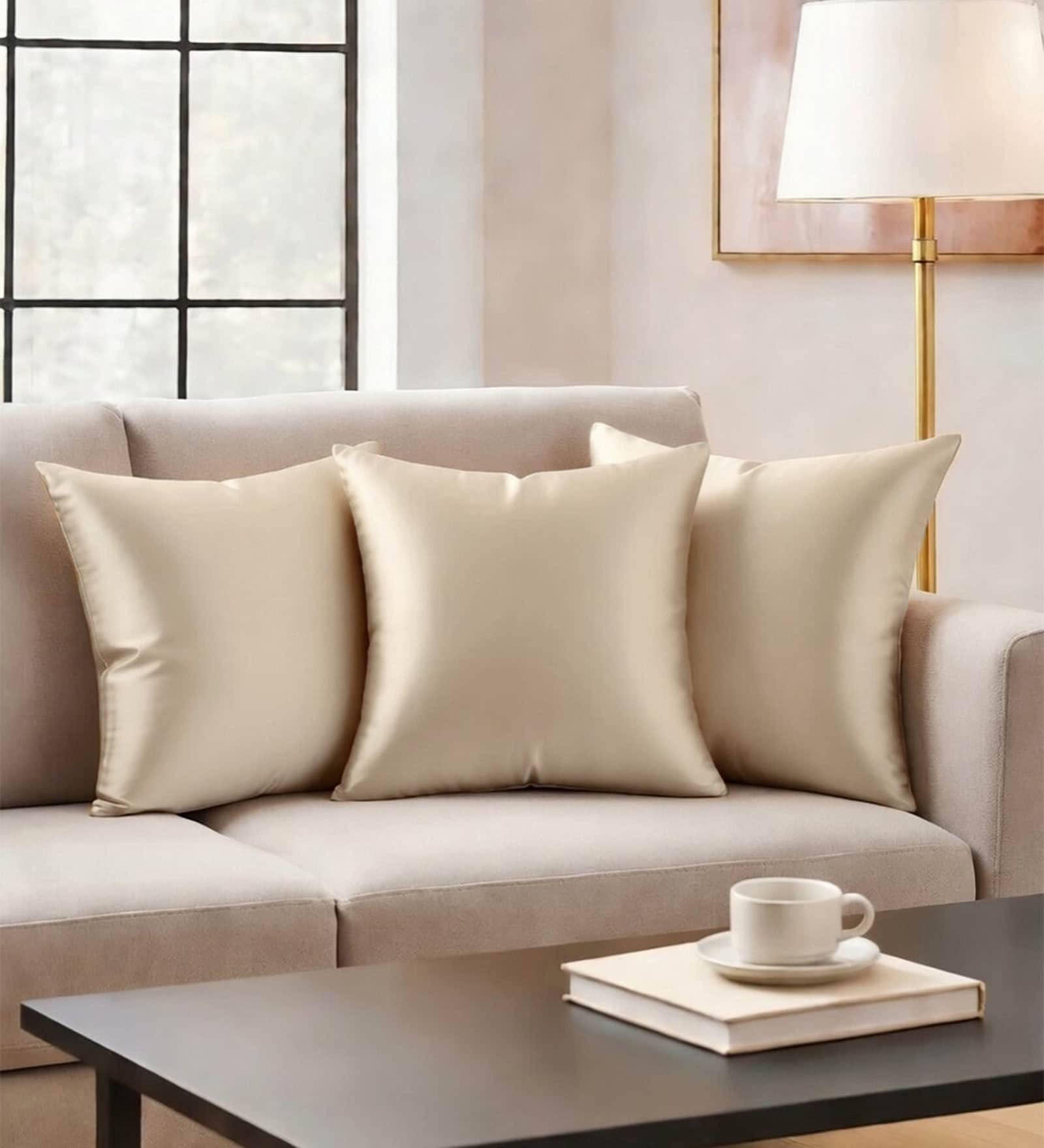 Beige Satin Solid 40x40 inches Cushion Covers Set of 3