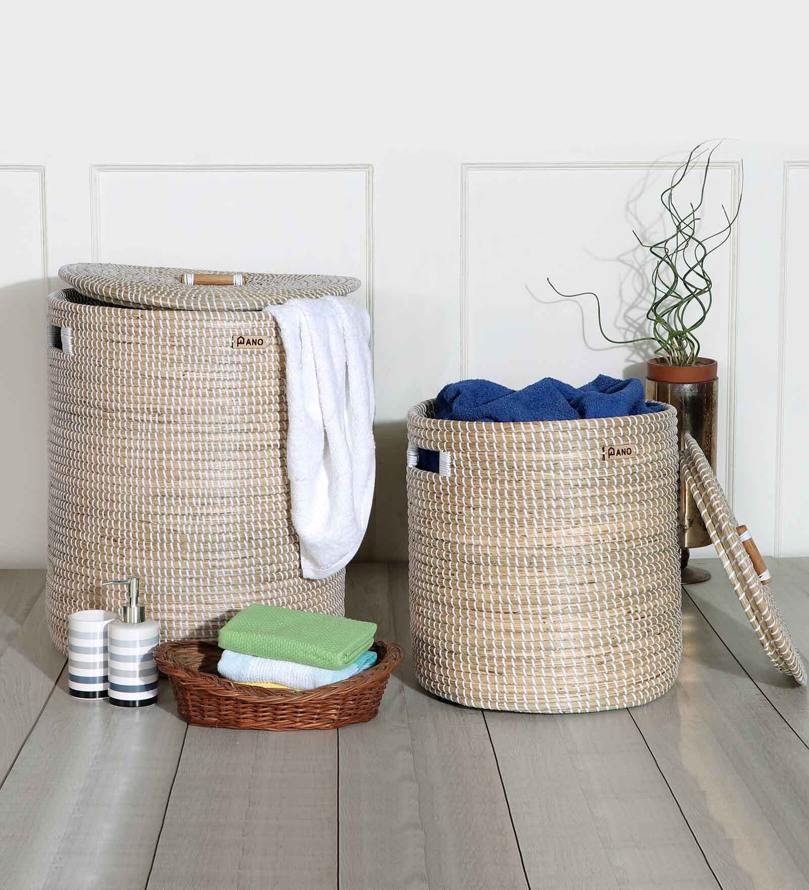 Beige Sea Grass 52 Ltr (2Pcs) Laundry Basket