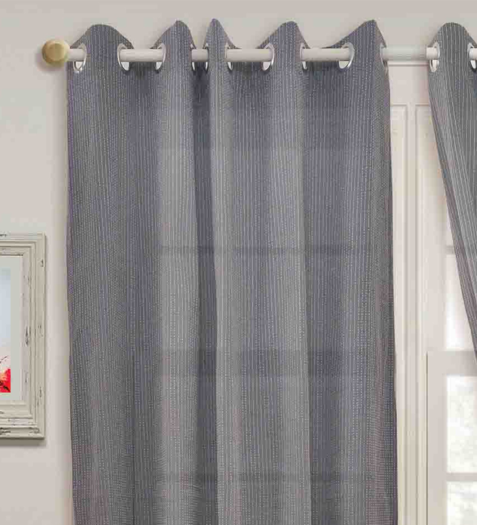 Grey Cotton Semisheer 7 Feet Eyelet Curtain (1 Piece)