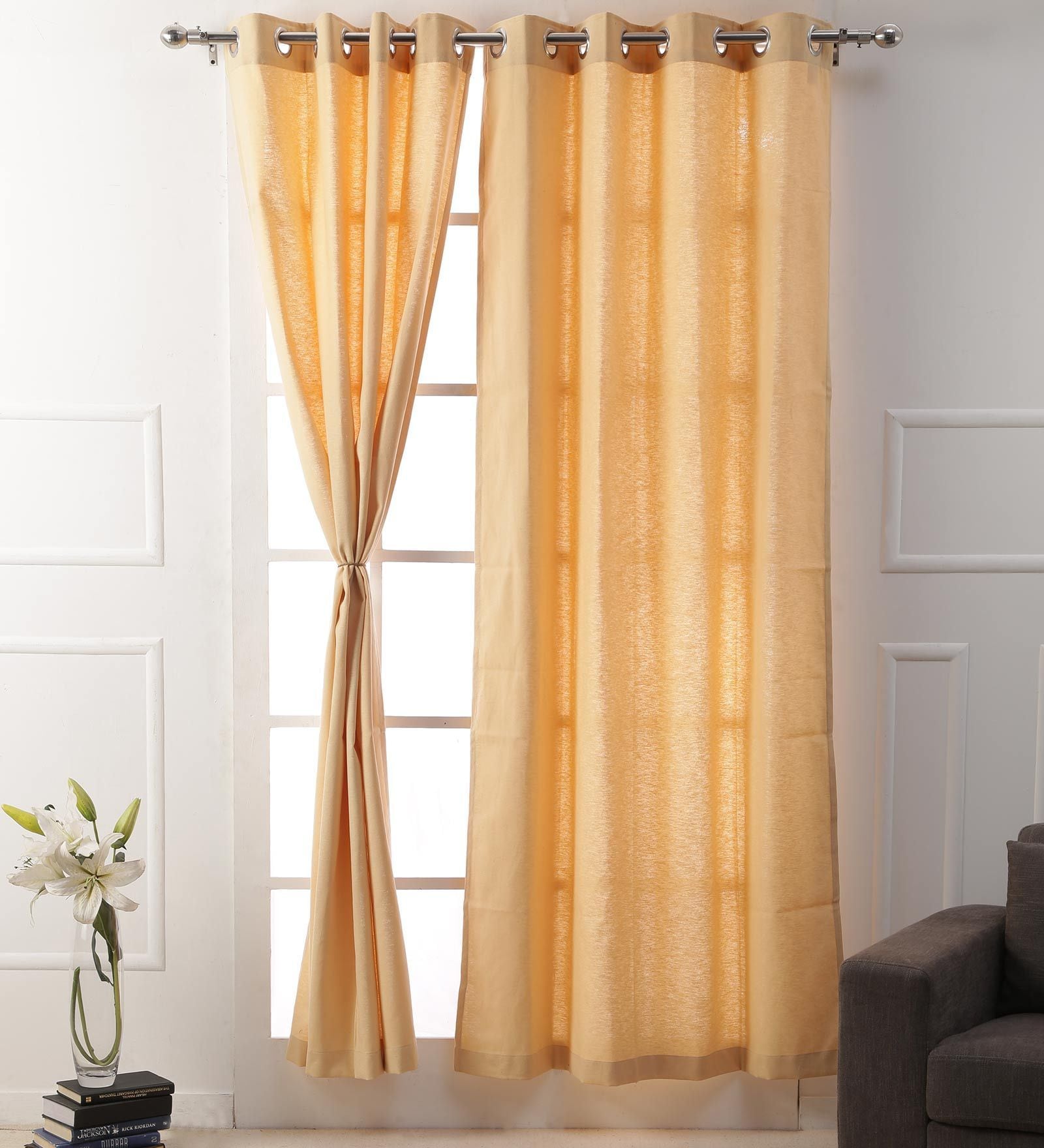 Beige Solid Cotton 7 Ft Light Filtering Eyelet Door Curtain