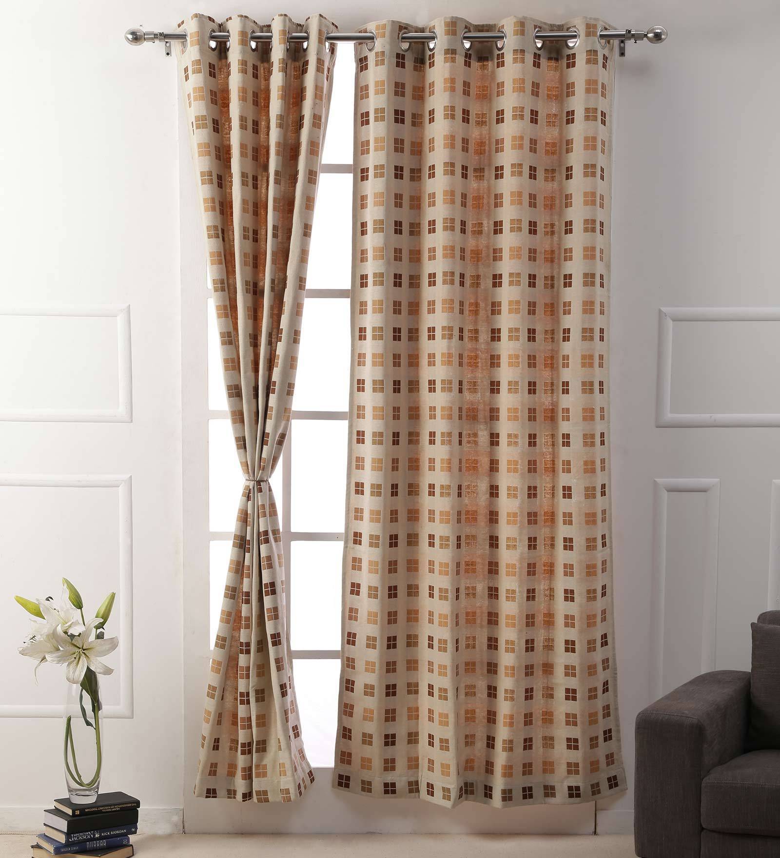 Beige Cotton Geometric 9ft Light Filtering Eyelet 1 Pc Door Curtain