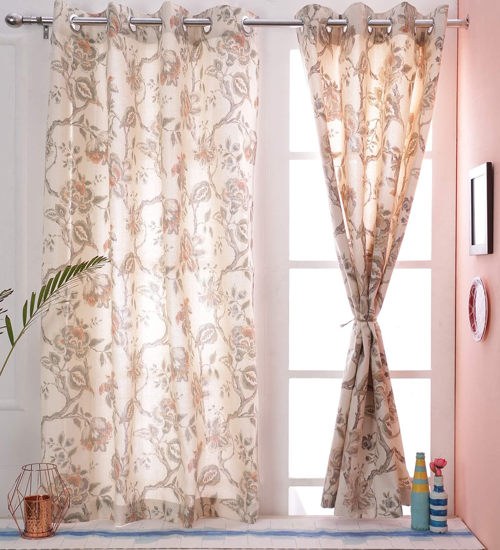 Beige Floral Jute 5 Ft Light Filtering Eyelet Window Curtain
