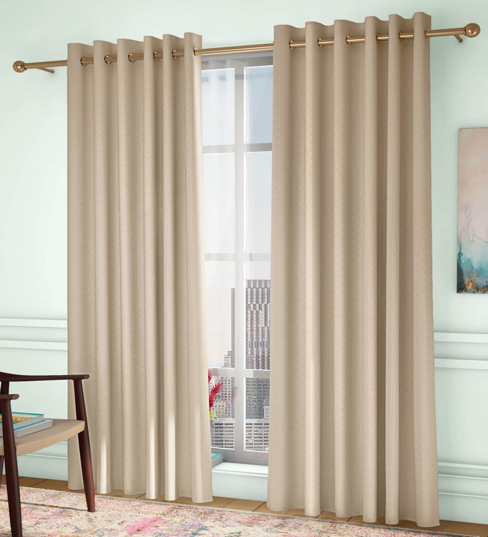 Beige Solid Poly Cotton 5 Ft Light Filtering Eyelet Window Curtains (Set of 2)