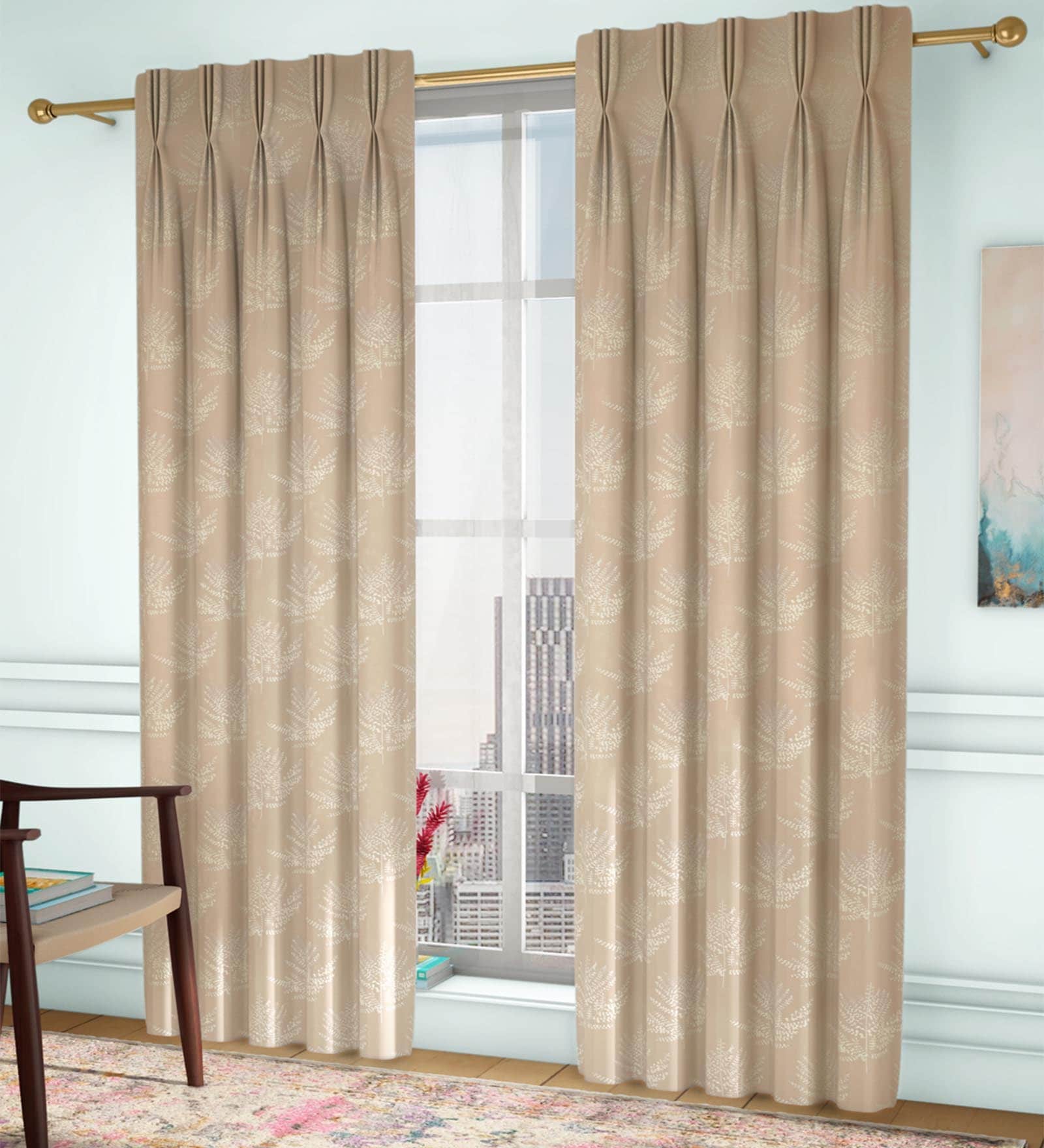 Beige Floral Poly Cotton 5 Ft Light Filtering Pinch Pleat Window Curtains (Set of 2)