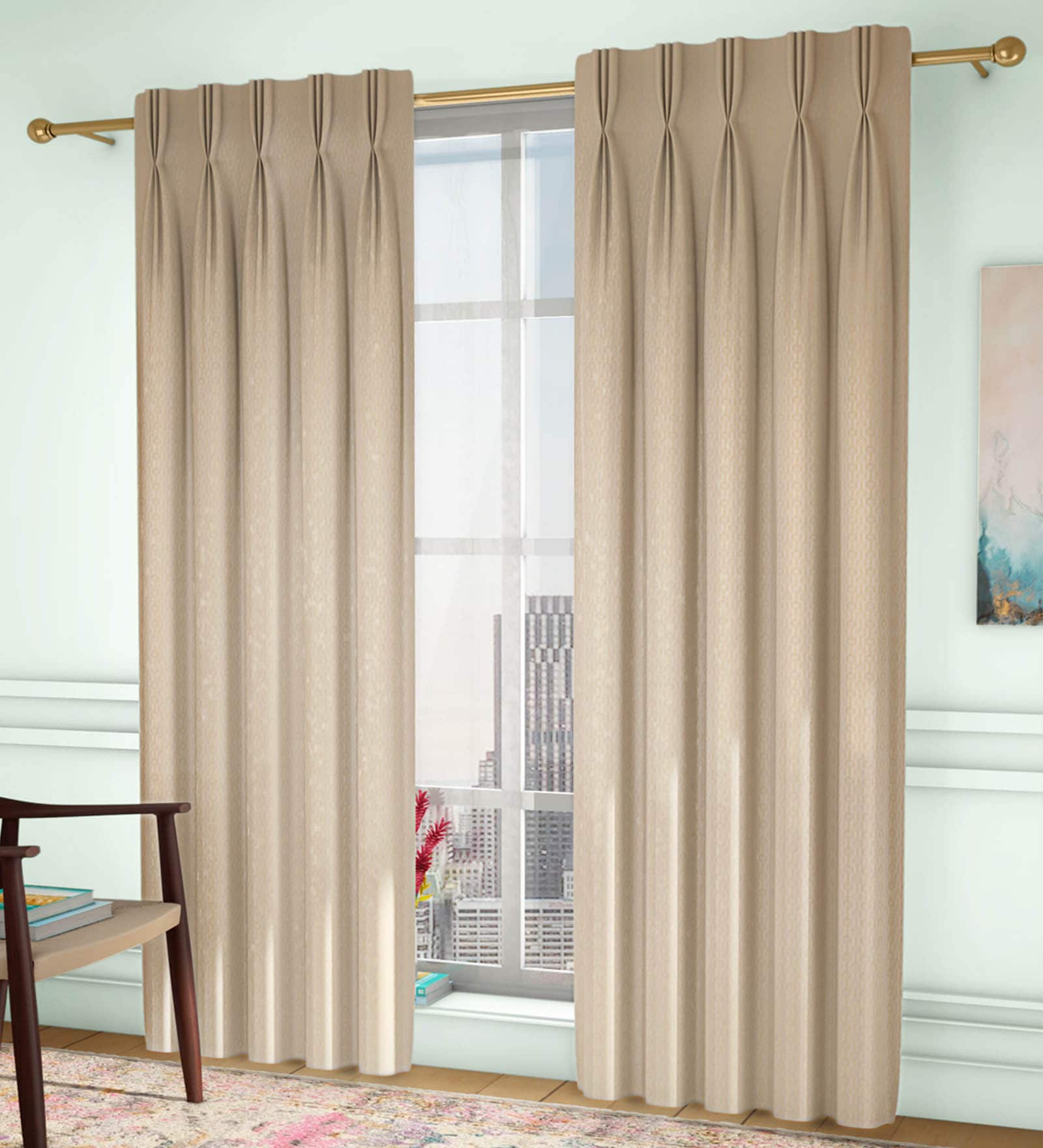 Beige Solid Poly Cotton 7.5 Ft Light Filtering Pinch Pleat Door Curtains (Set of 2)
