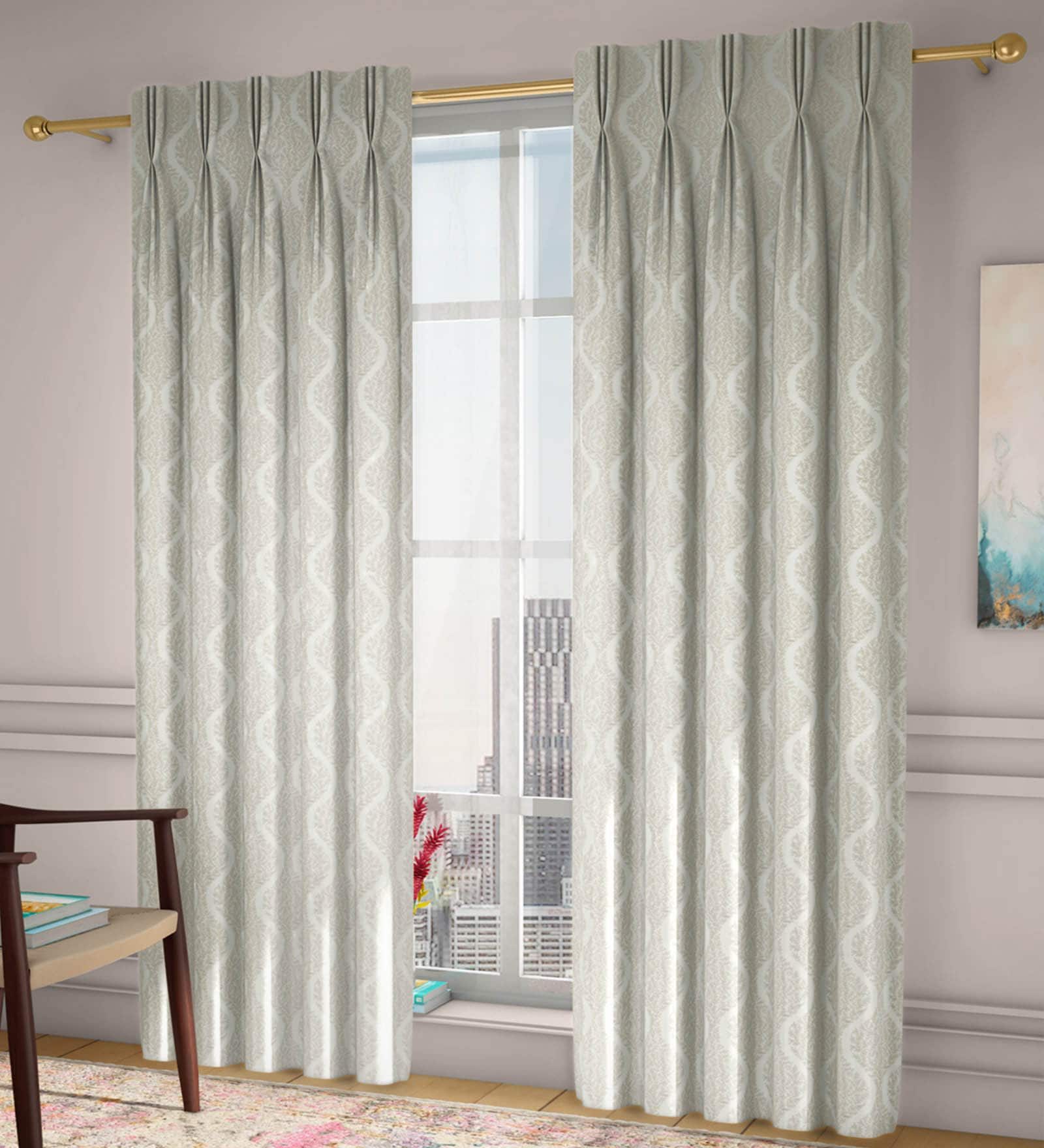 Beige Abstract Poly Cotton 7 Ft Light Filtering Pinch Pleat Door Curtains (Set of 2)