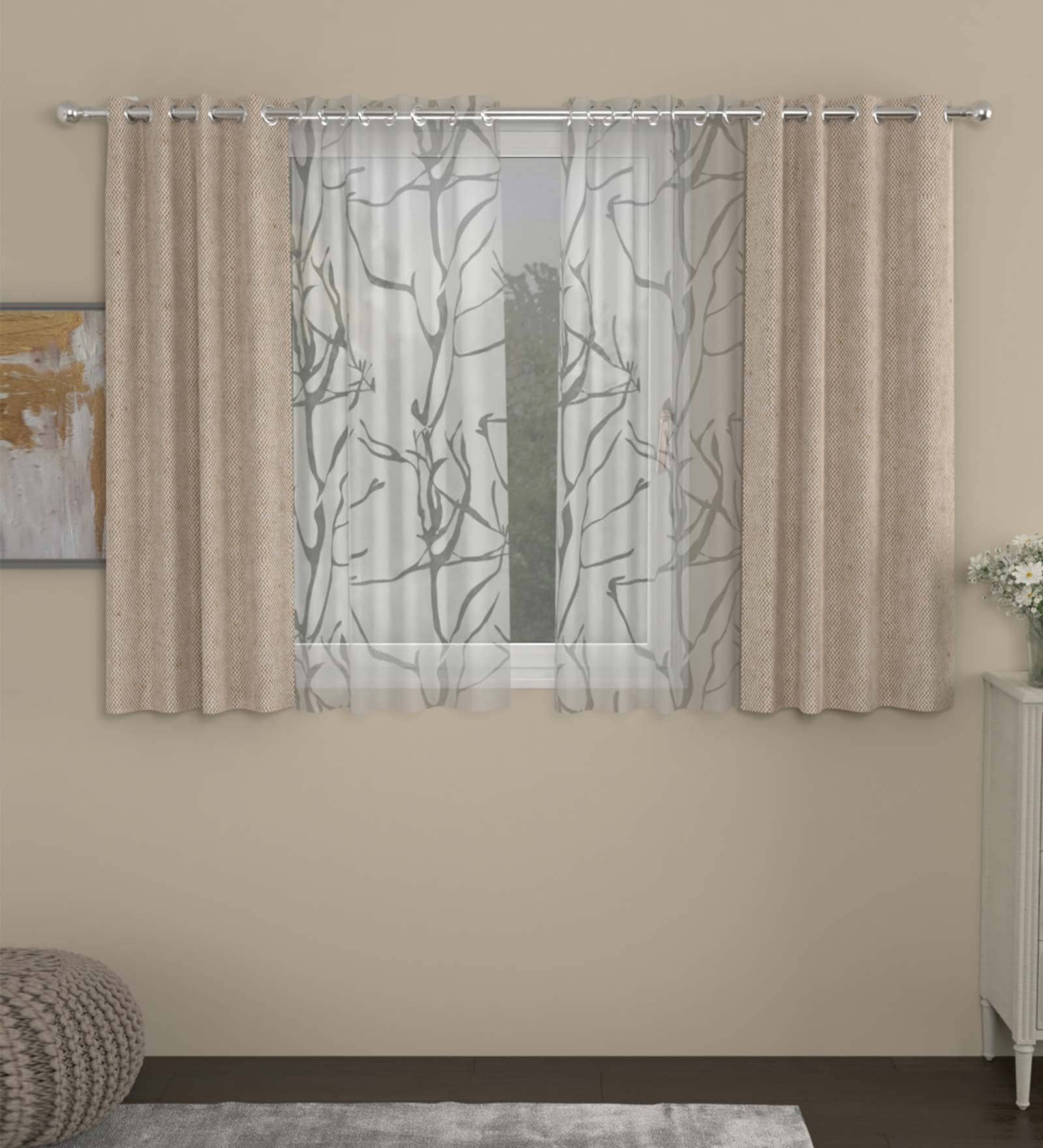 Beige Polycotton Abstract 5ft Semisheer Eyelet 4 Pcs Window Curtains