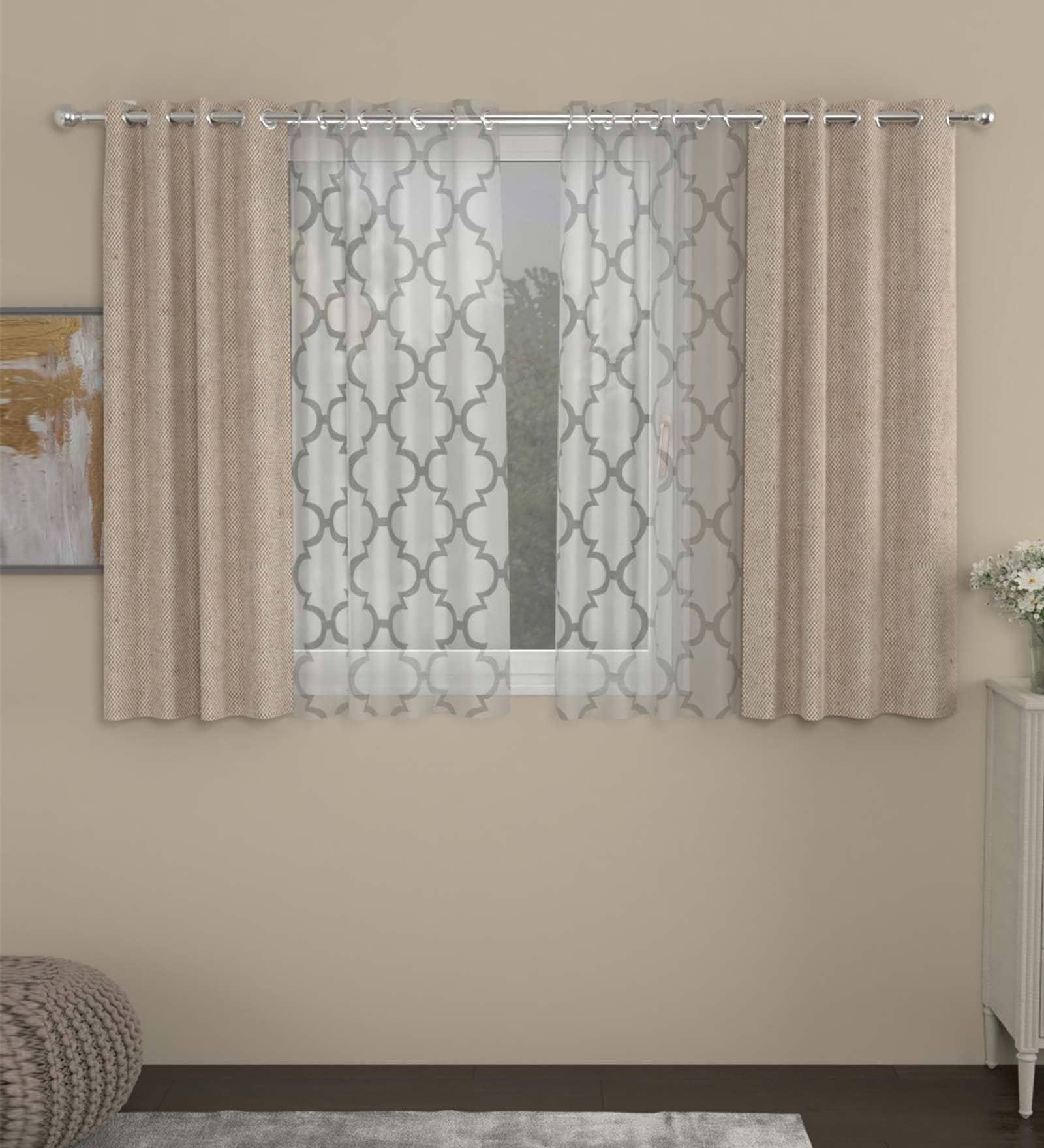 Beige Semisheer Polycotton 5 Feet Eyelet Set of 4 Curtains
