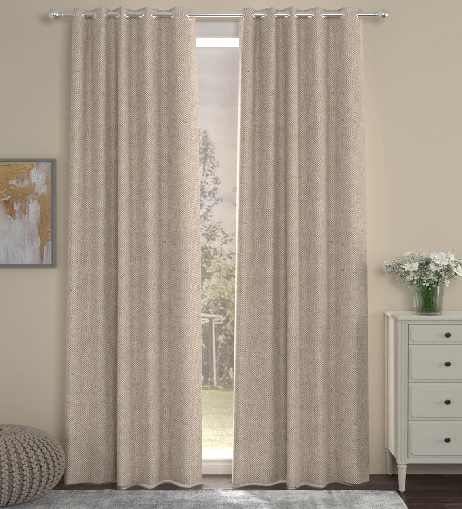 Beige Solid Poly Cotton 9 Ft Semisheer Eyelet Door Curtain