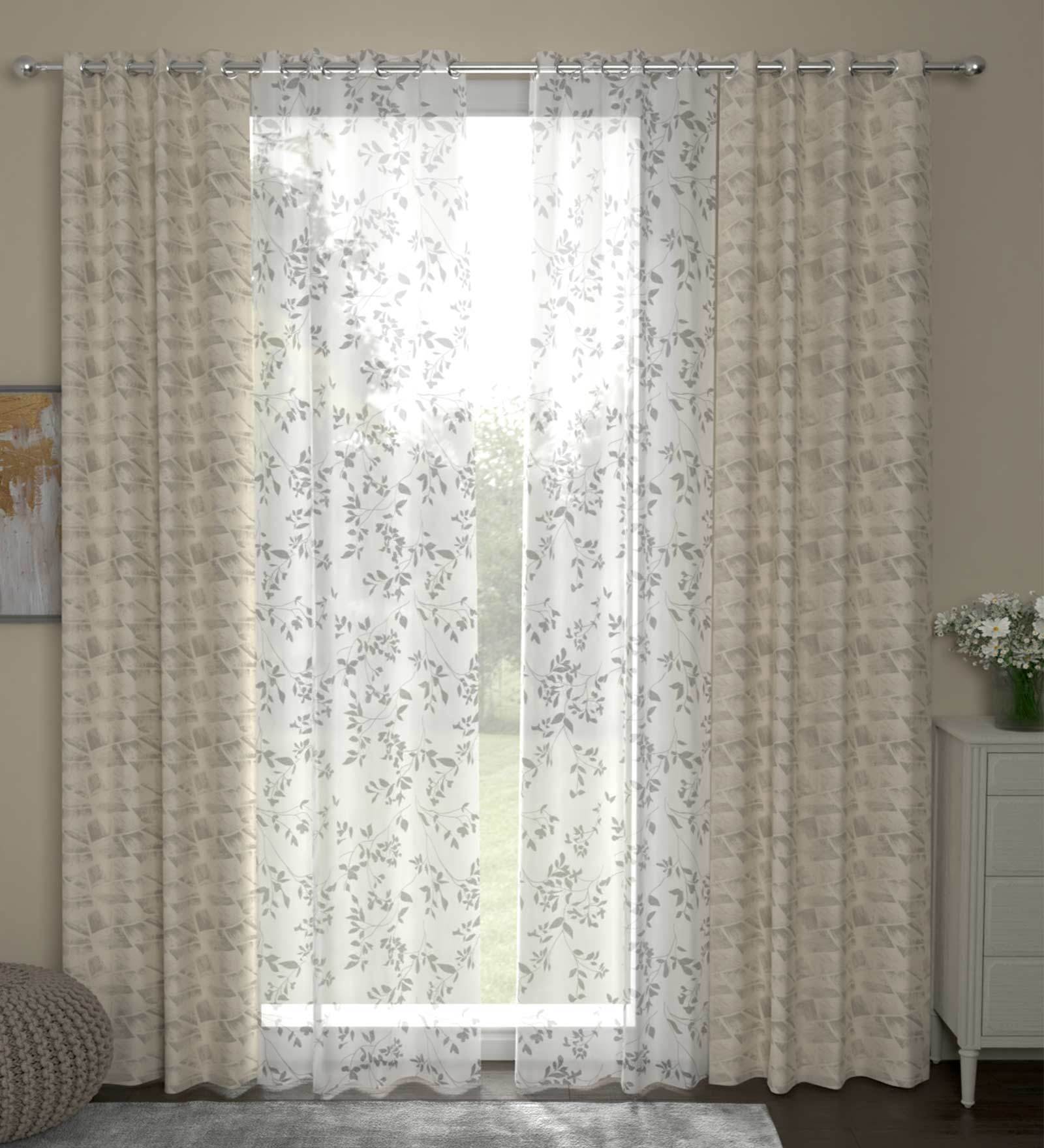 Beige Polyester Traditional 7ft Semisheer Eyelet 4 Pcs Door Curtains