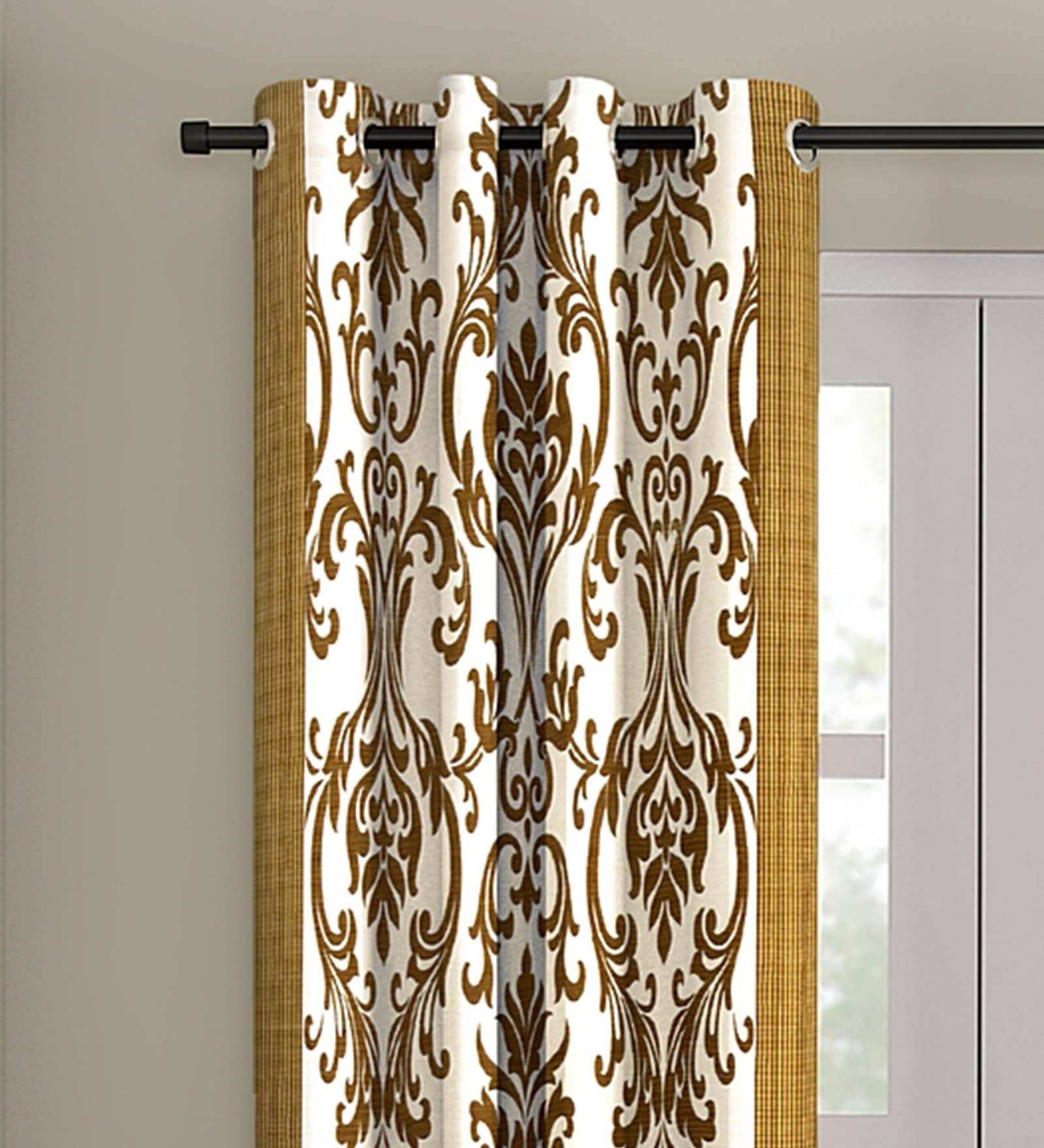 Beige Floral Polyester 9 Ft Semisheer Eyelet Door Curtains (Set of 2)
