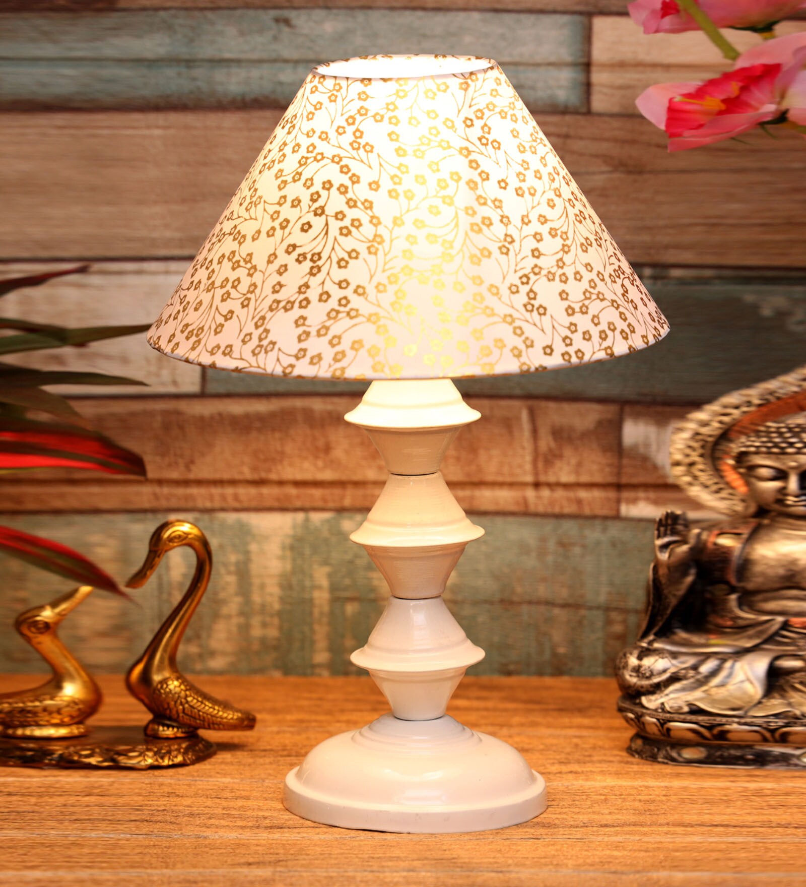 Beige and Gold Shade Table Lamp With Metal Base