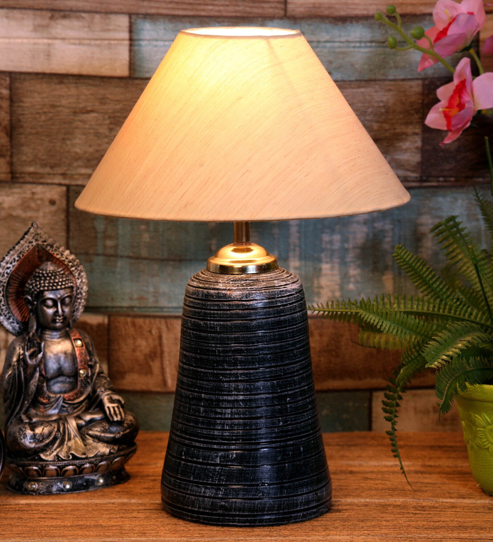 Nigella Beige Fabric Shade Night Lamp With Teracotta Base