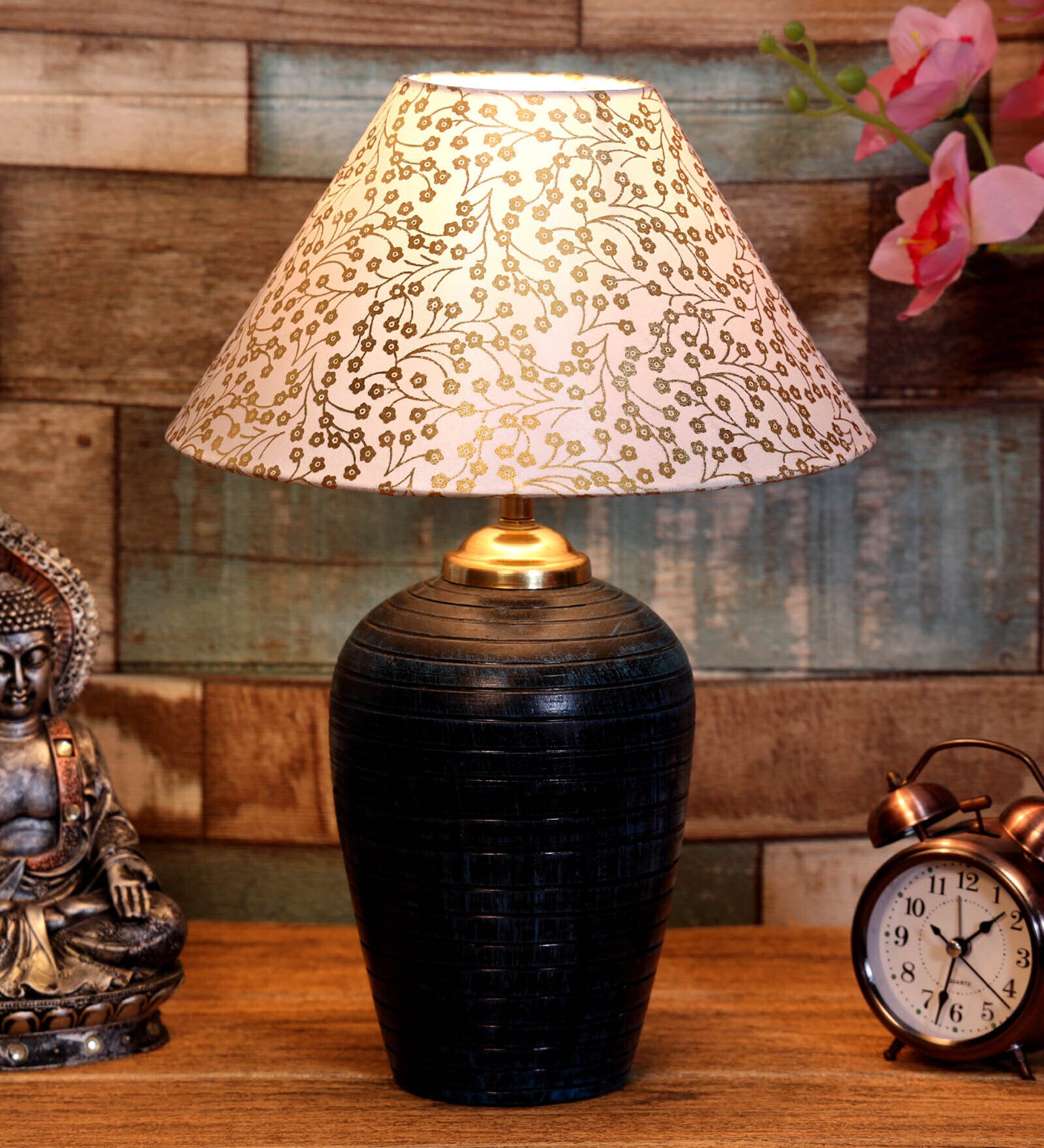 Brescia Beige and Gold Fabric Shade Night Lamp With Teracotta Base