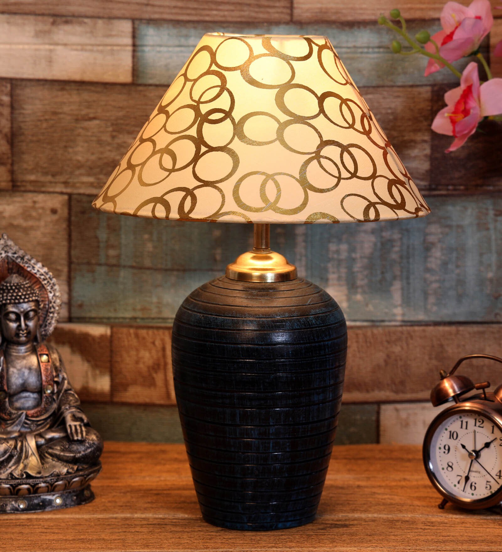 Prato Beige and Gold Fabric Shade Night Lamp With Teracotta Base