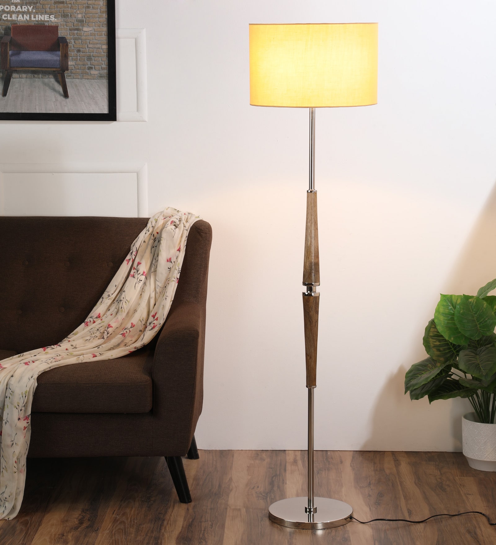 Beige Fabric Shade Club Floor Lamp With Mango wood Base