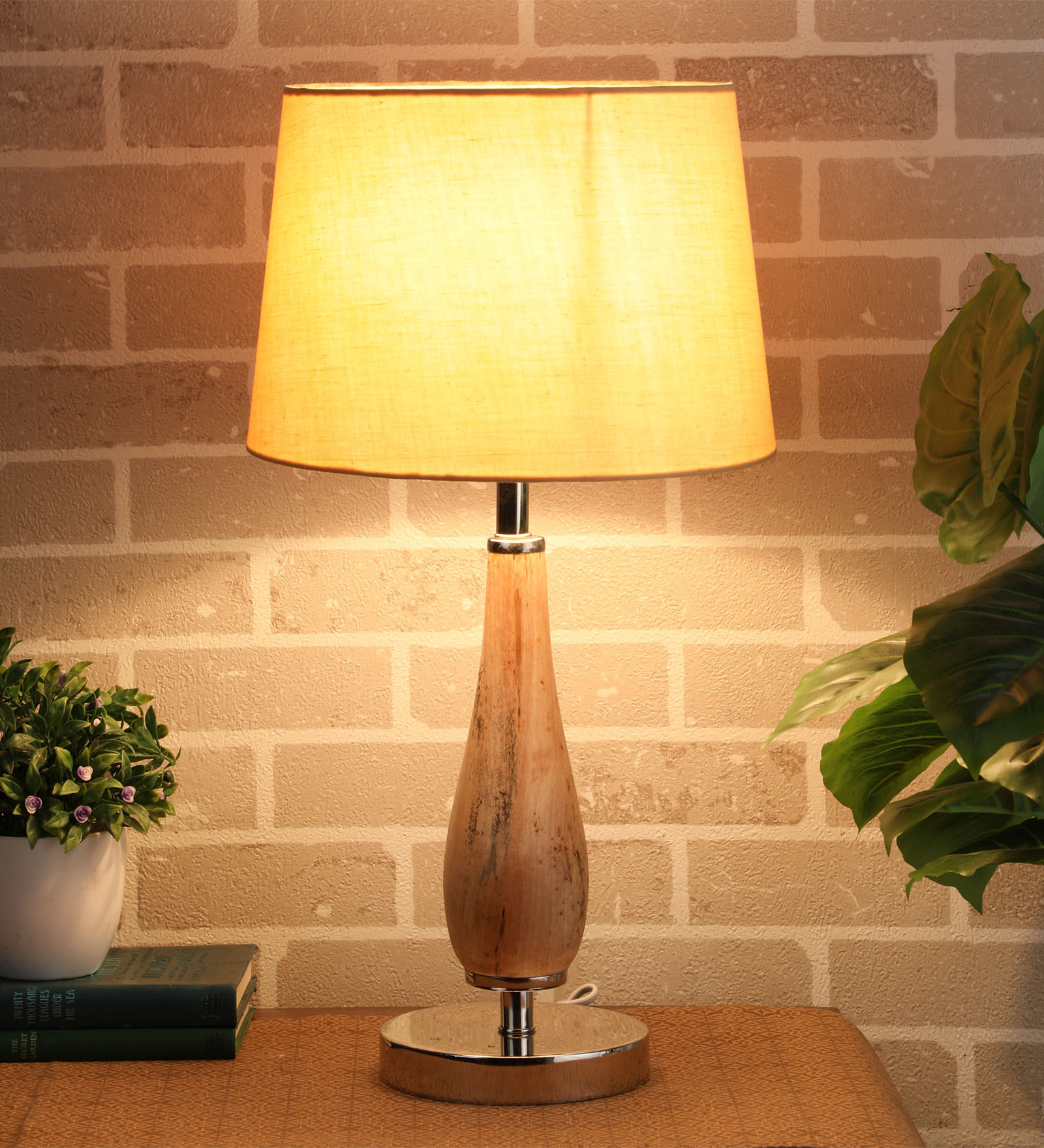 Beige Shade Table Lamp With Wood Base