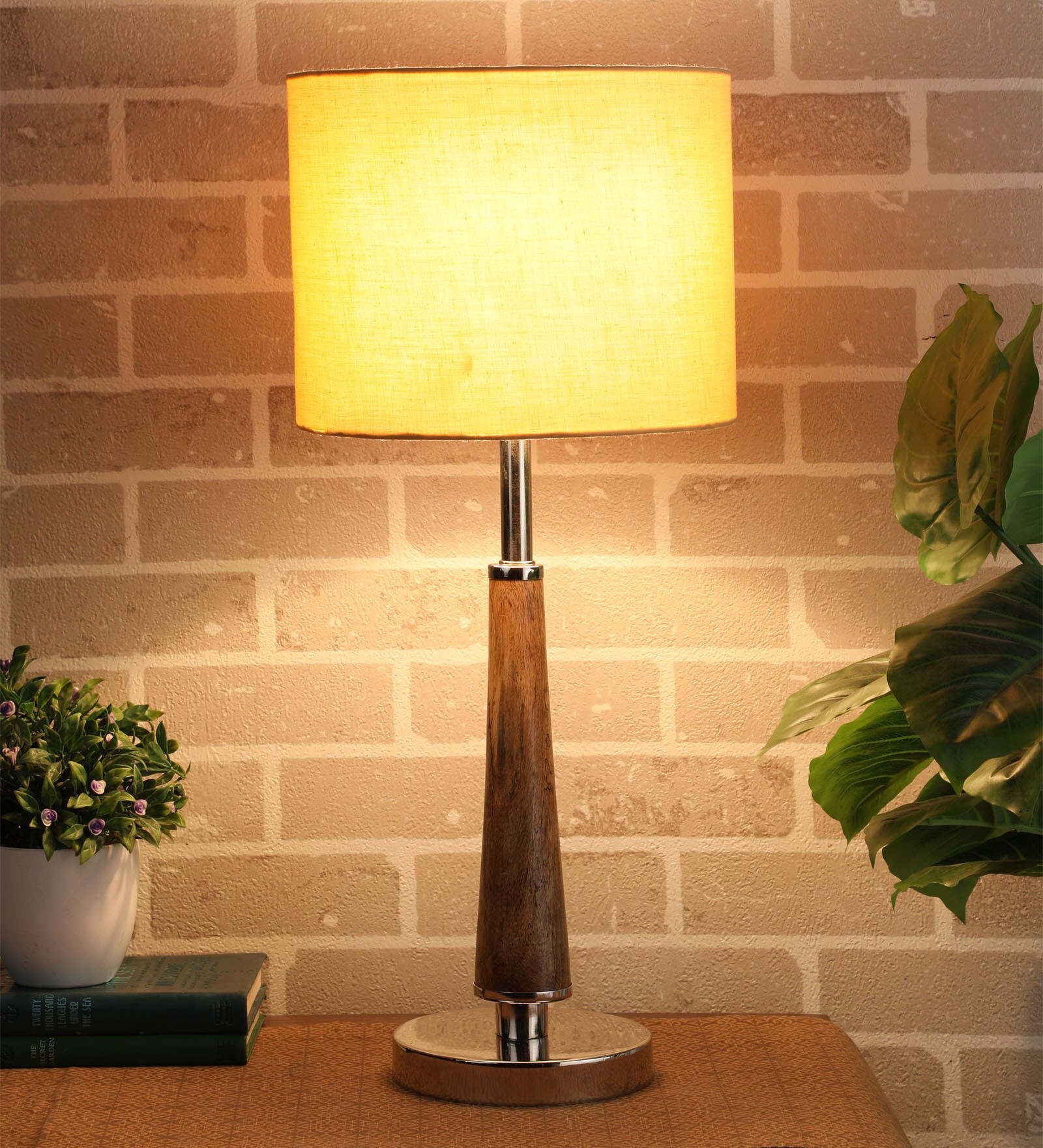Waitara Beige Fabric Shade Night Lamp With Mango wood Base
