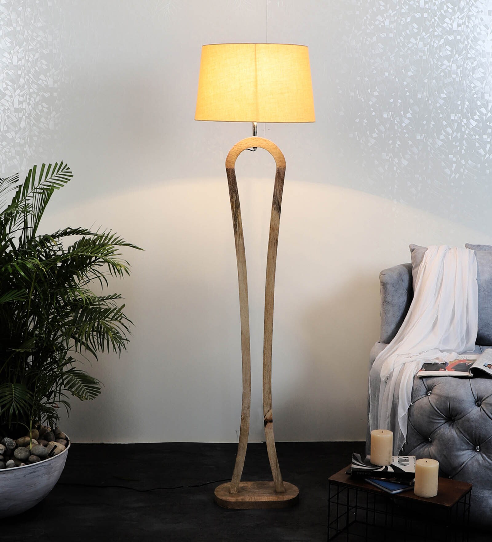 Henry Beige Iron Shade Club Floor Lamp With Wood Base