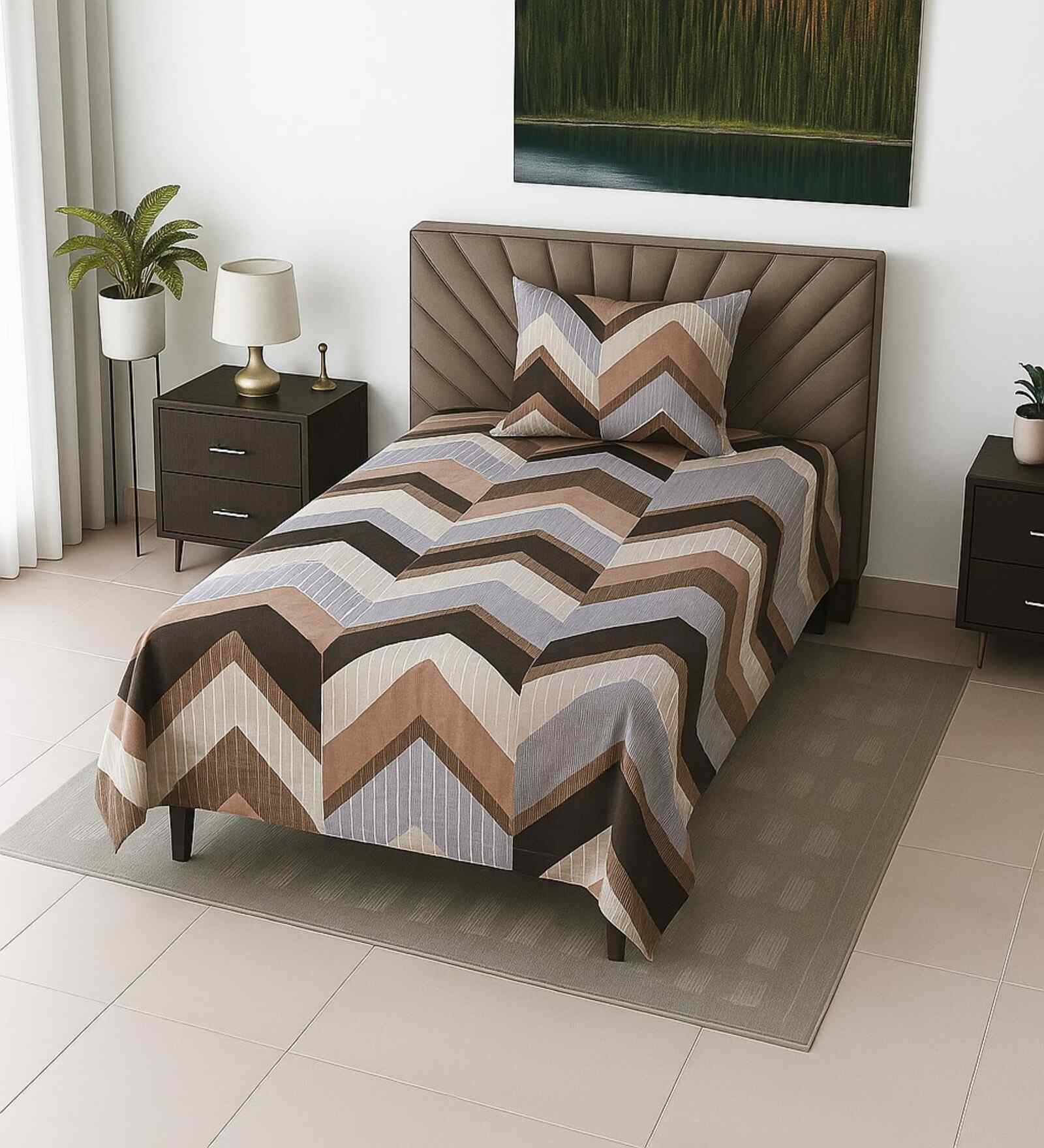 Beige Shade Geometric 400 TC Cotton Super King Size Bedsheet with 2 Pilllow covers Essential Series Collection