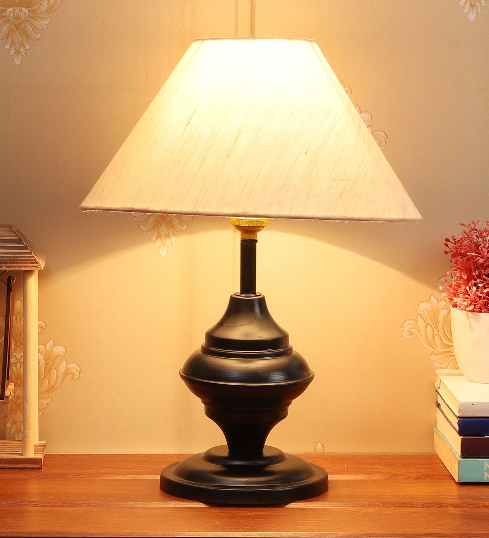 Erika Beige Fabric Shade Night Lamp With Metal Base