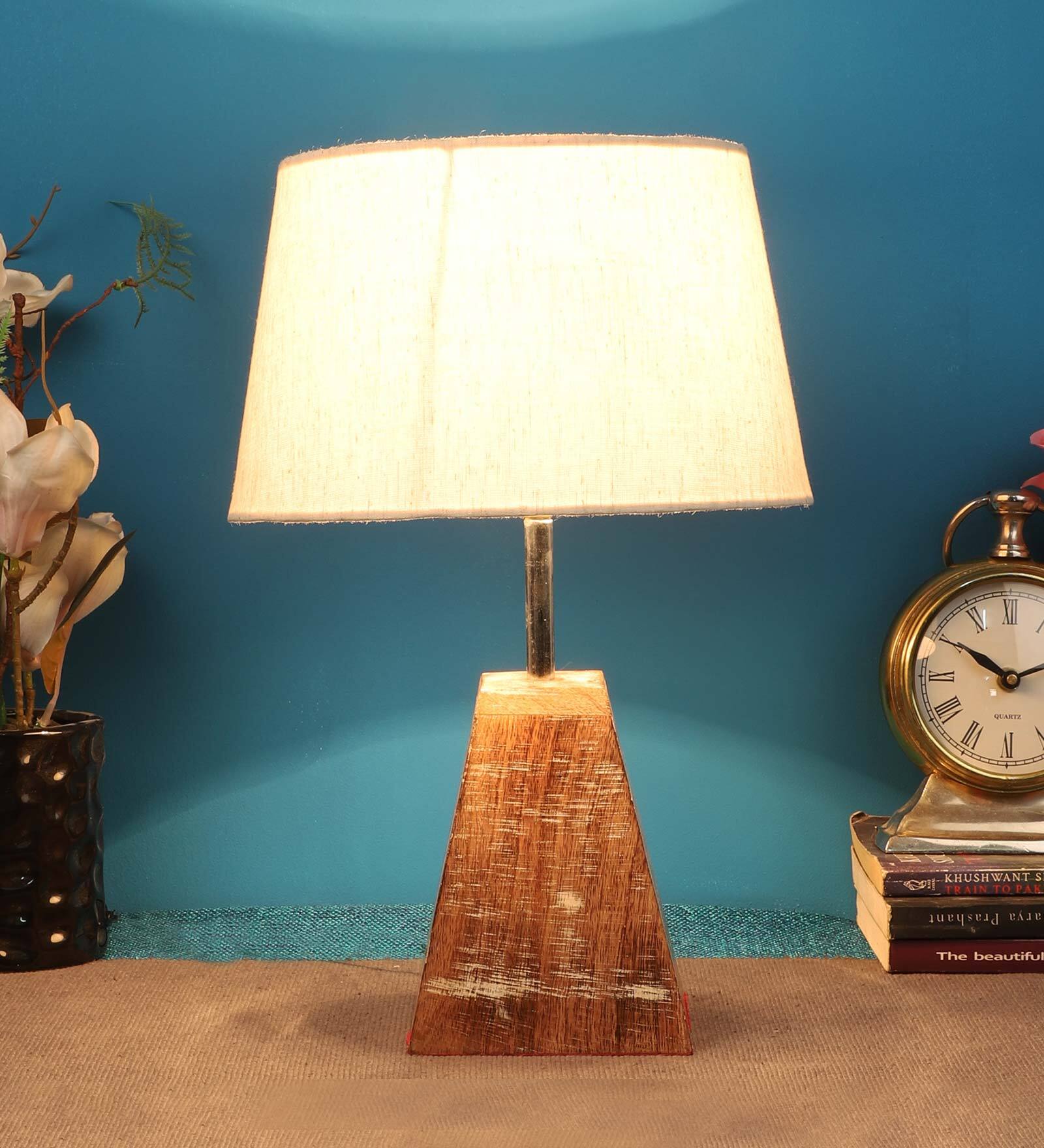Beige Shade Table Lamp With Brown Woodden Base