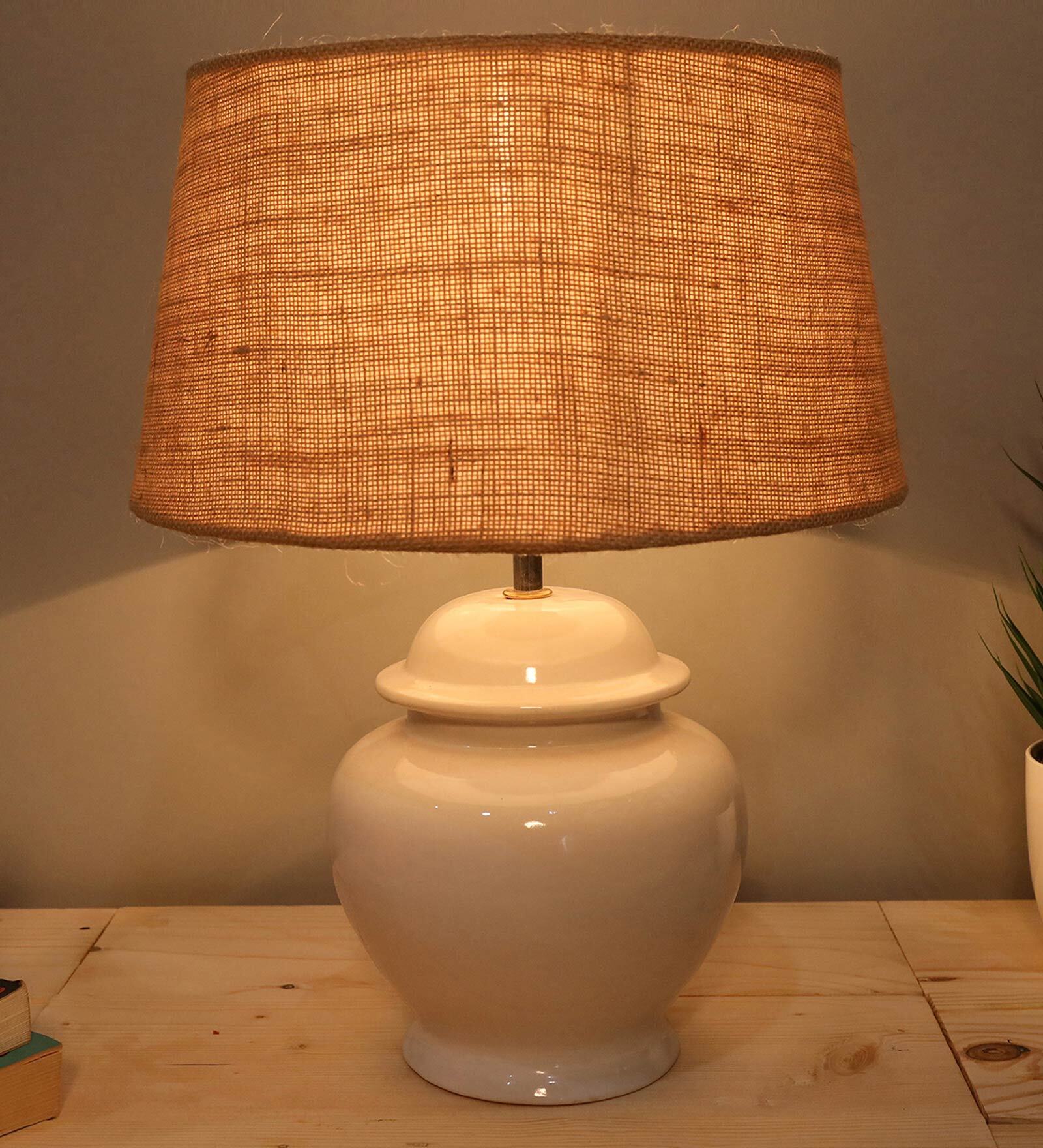 Dorian Beige Cotton Shade Night Lamp With Ceramic Base