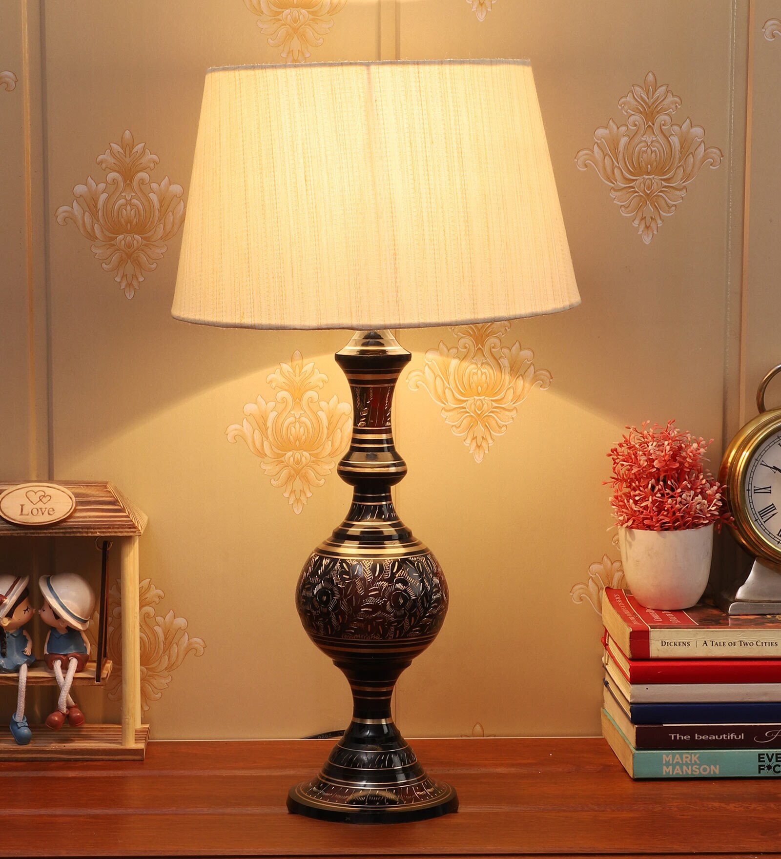 Beige Shade Table Lamp With Golden Black Brass Base